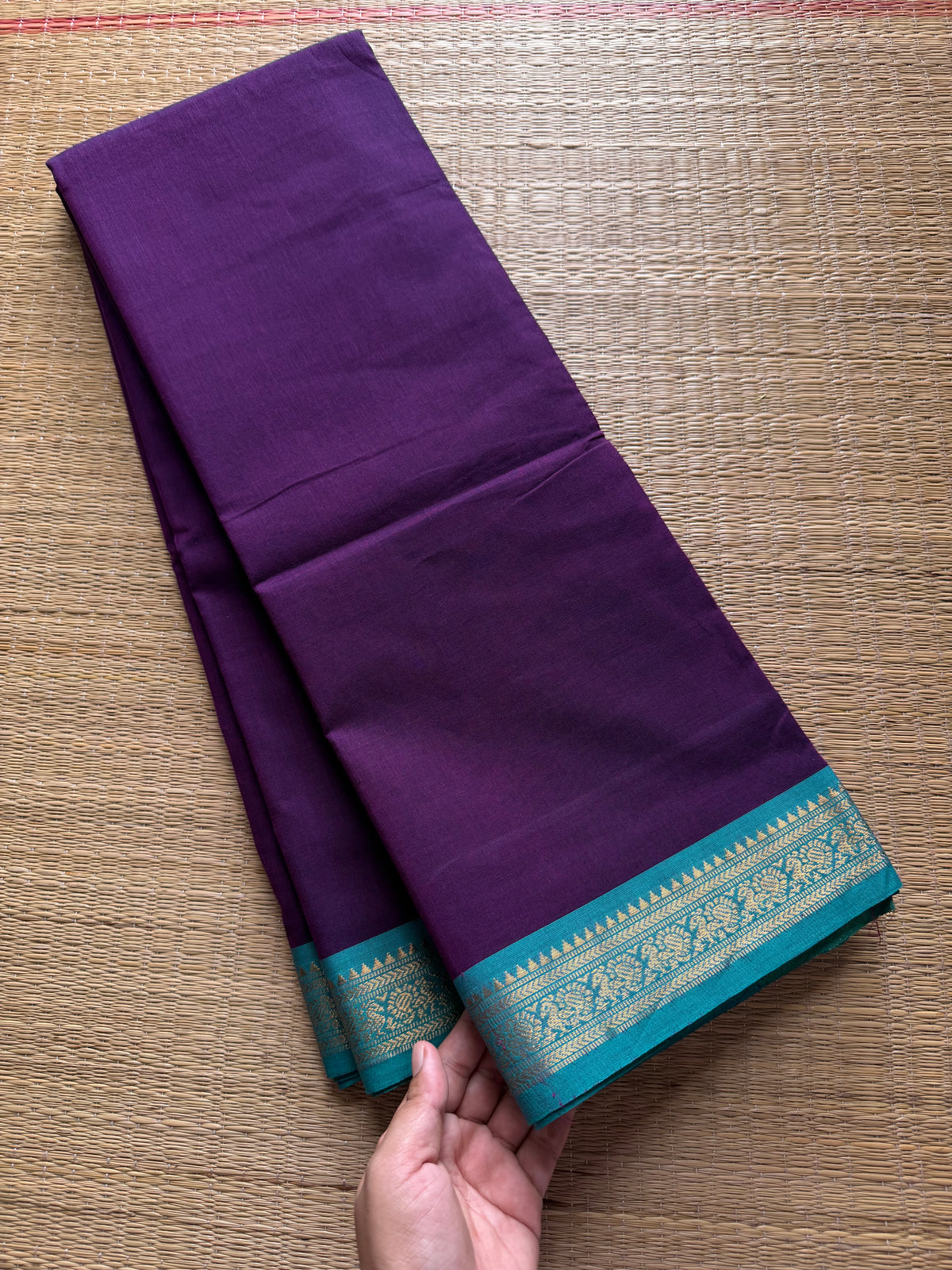 RF392 Purple with sky blue combination small border Kanchi cotton saree