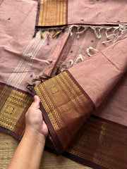 Beige with brown combination Kanchi cotton saree with handmade thread buttas