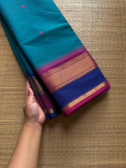 RF740 Peacock blue shade Kanchi cotton saree with Ganga Jamuna border and handmade thread buttas