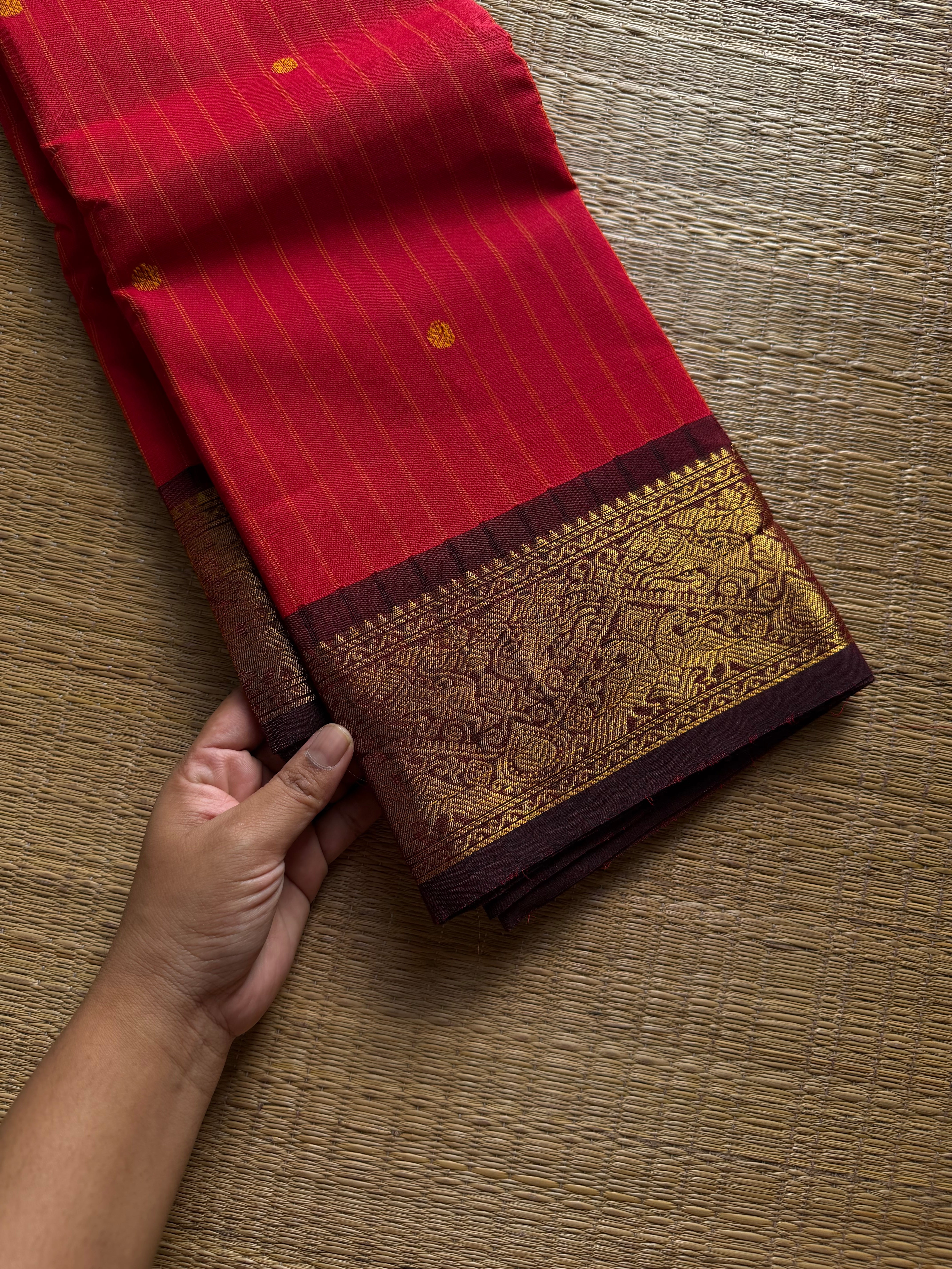 RF1412 Chilli red with brown ~ Vanasingaram border Kanchi cotton saree with handmade thread buttas