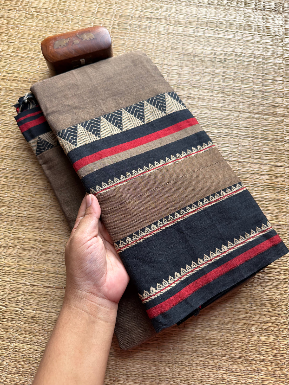 Grey Mercerised Narayanpet Cotton Saree With Long Border