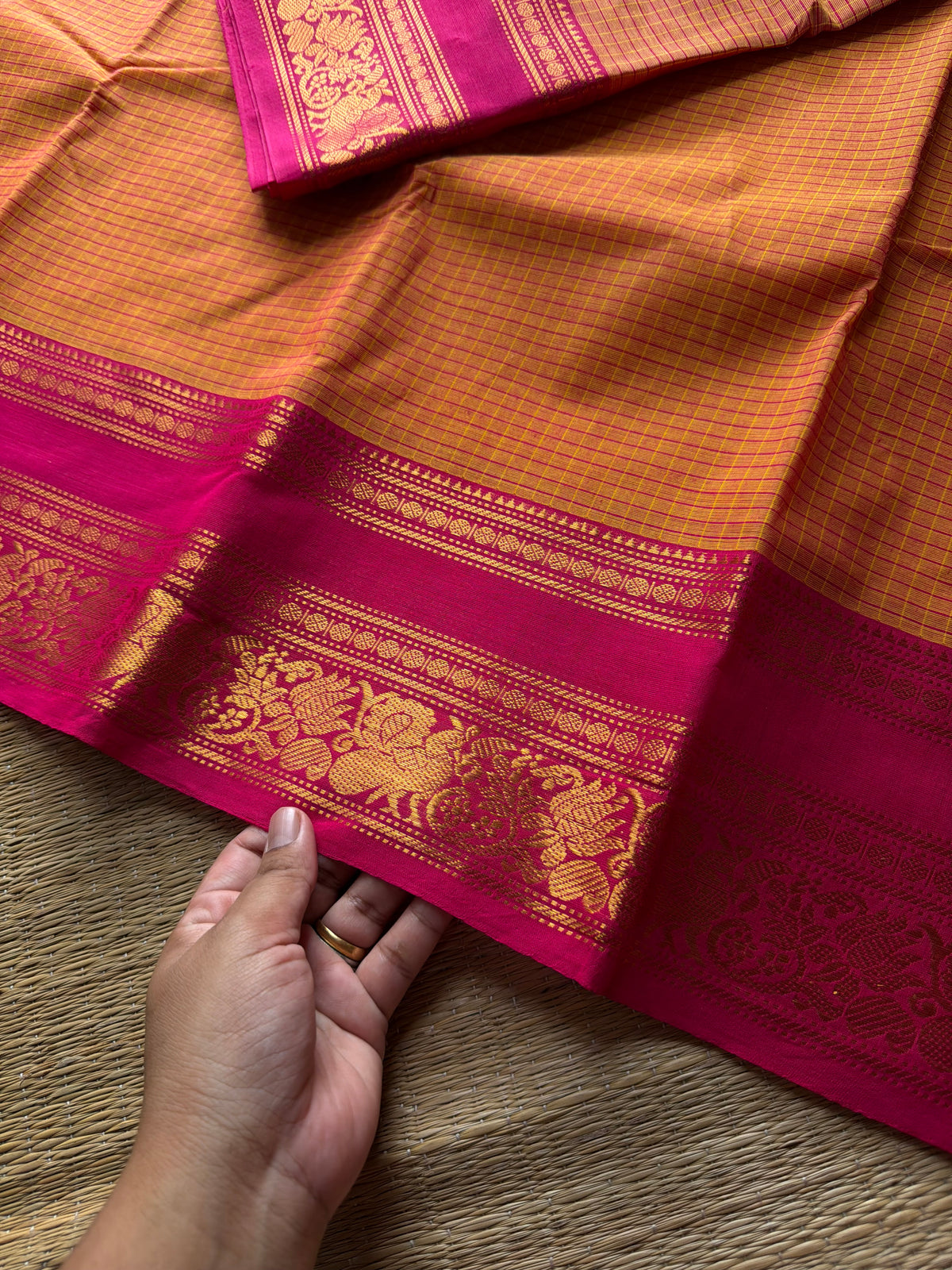 RF787 Kattam Edition ~ Dark mango shade with pink combination vintage checks Kanchi cotton saree with floral pattern border