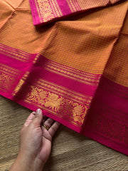 RF787 Kattam Edition ~ Dark mango shade with pink combination vintage checks Kanchi cotton saree with floral pattern border