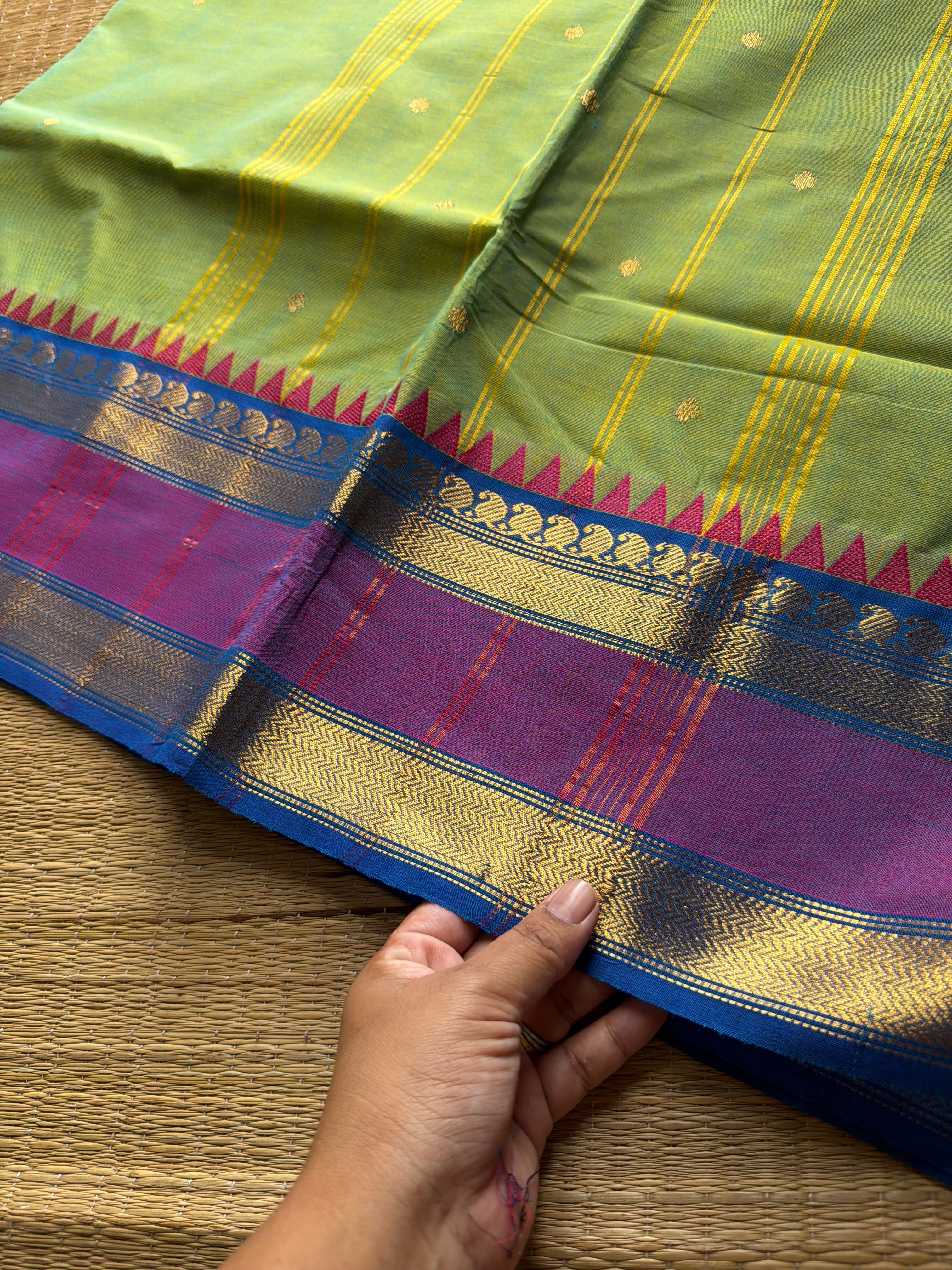 RF902 Kanchi cotton saree with handmade thread buttas ~ Apple green shade