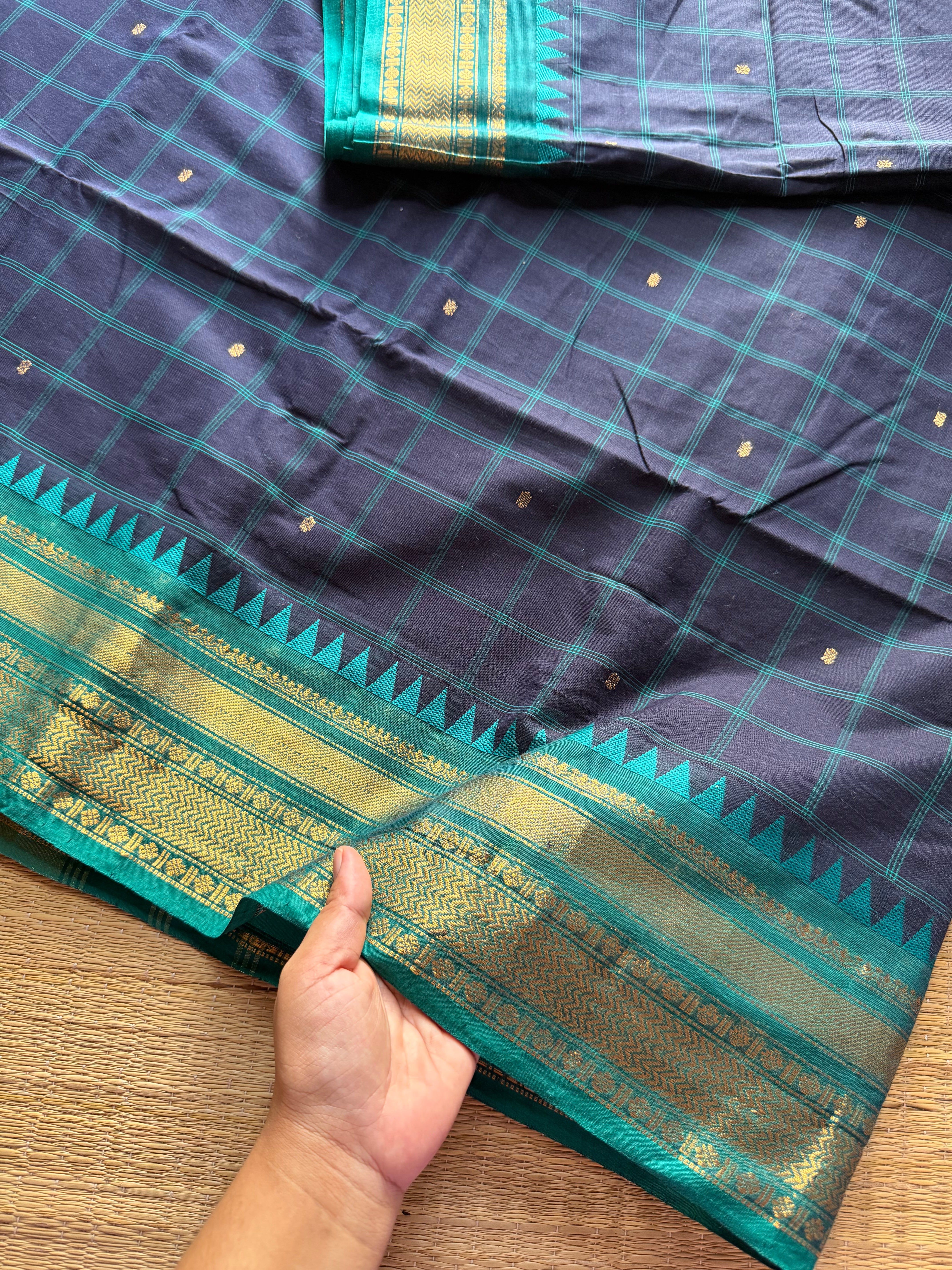 RF215 Deep navy Blue with contrast teal blue combination checks / Kattam Kanchi cotton saree with handmade golden Zari Buttas