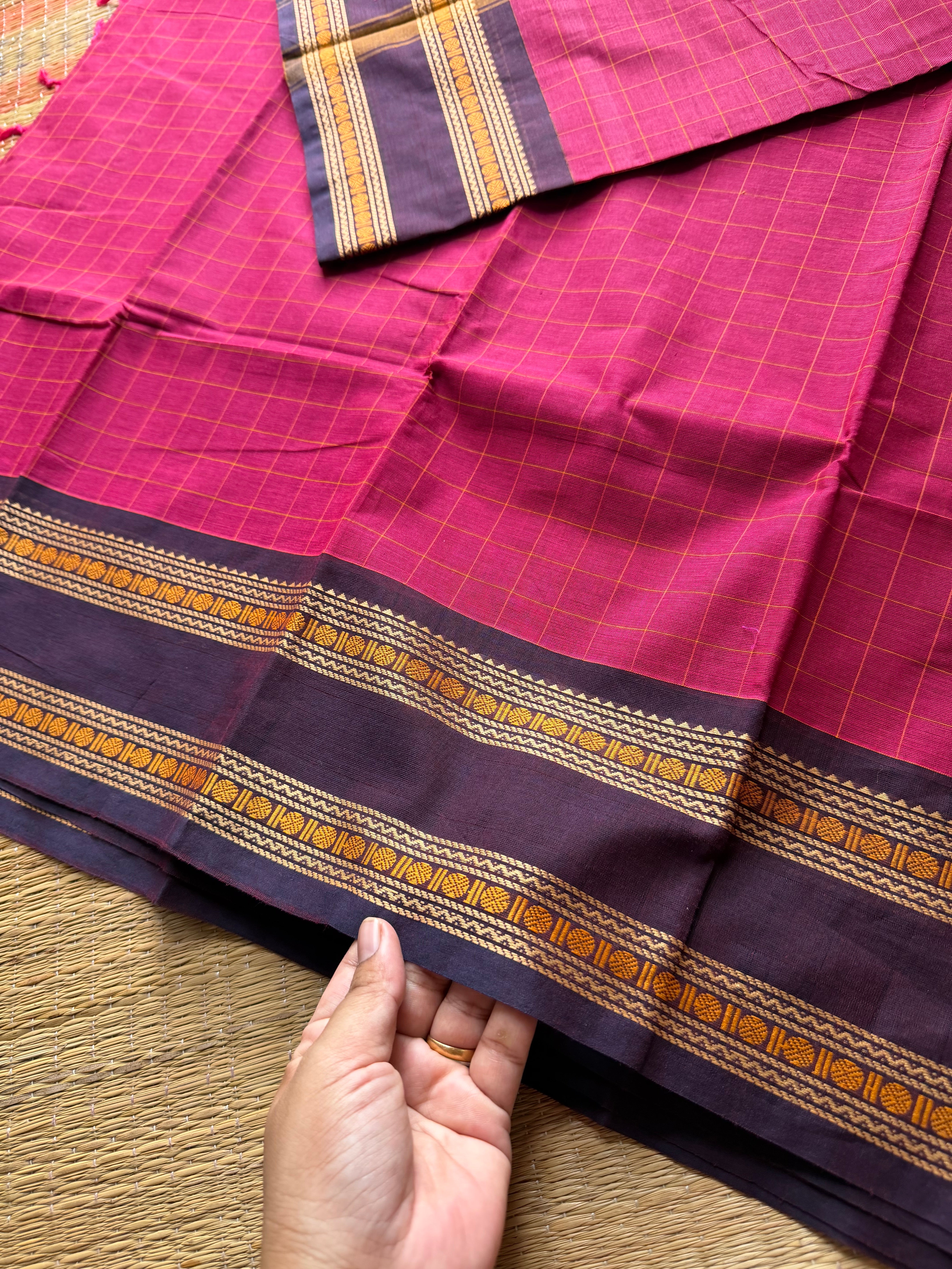 RF557 Premium & Soft Thread Border Kanchi Cotton Saree With Kattam / Checks Pattern | Magenta pink