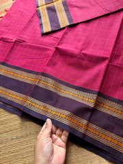 RF557 Premium & Soft Thread Border Kanchi Cotton Saree With Kattam / Checks Pattern | Magenta pink