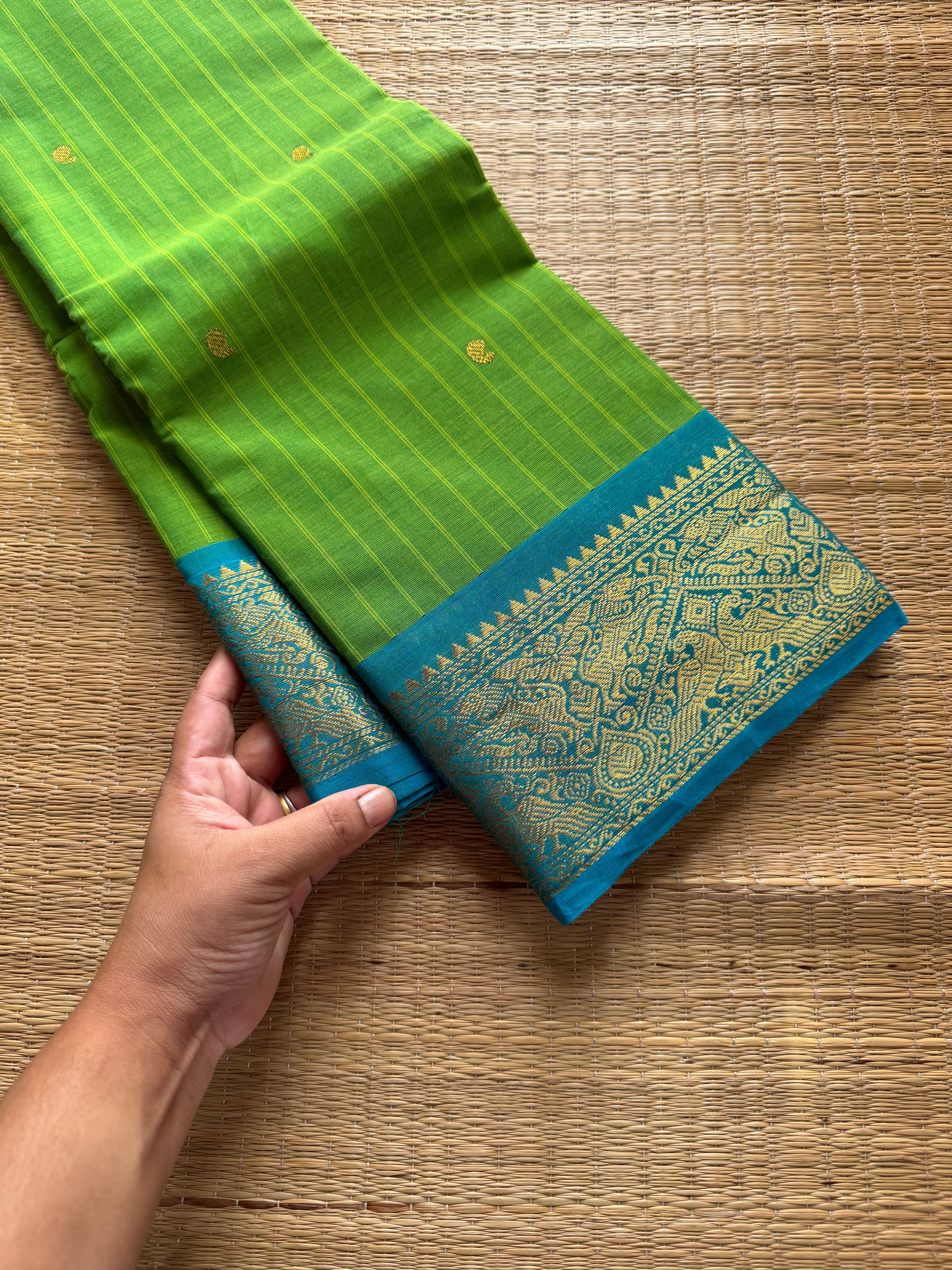 RF613 Vanasingaram Border ~ Green with sky blue combination veritical stripped pattern Kanchi cotton saree & handmade golden Zari Buttas