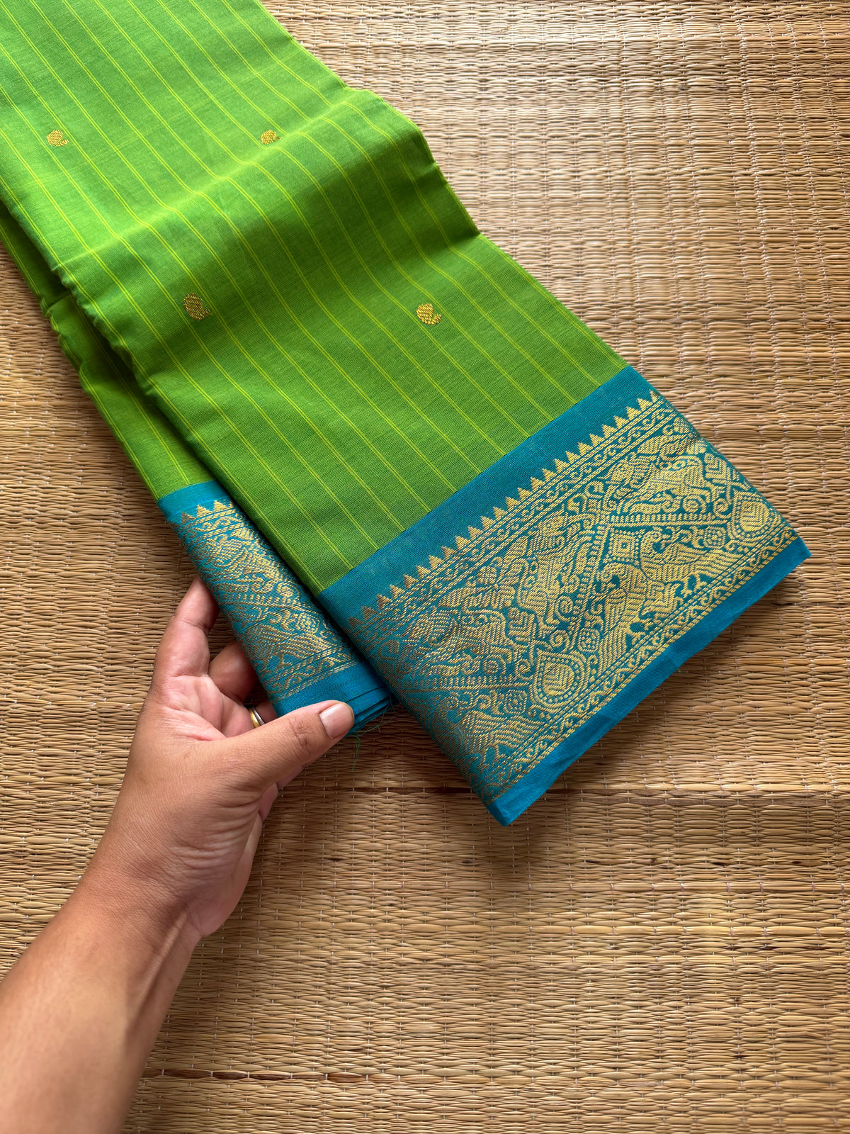 RF613 Vanasingaram Border ~ Green with sky blue combination veritical stripped pattern Kanchi cotton saree & handmade golden Zari Buttas