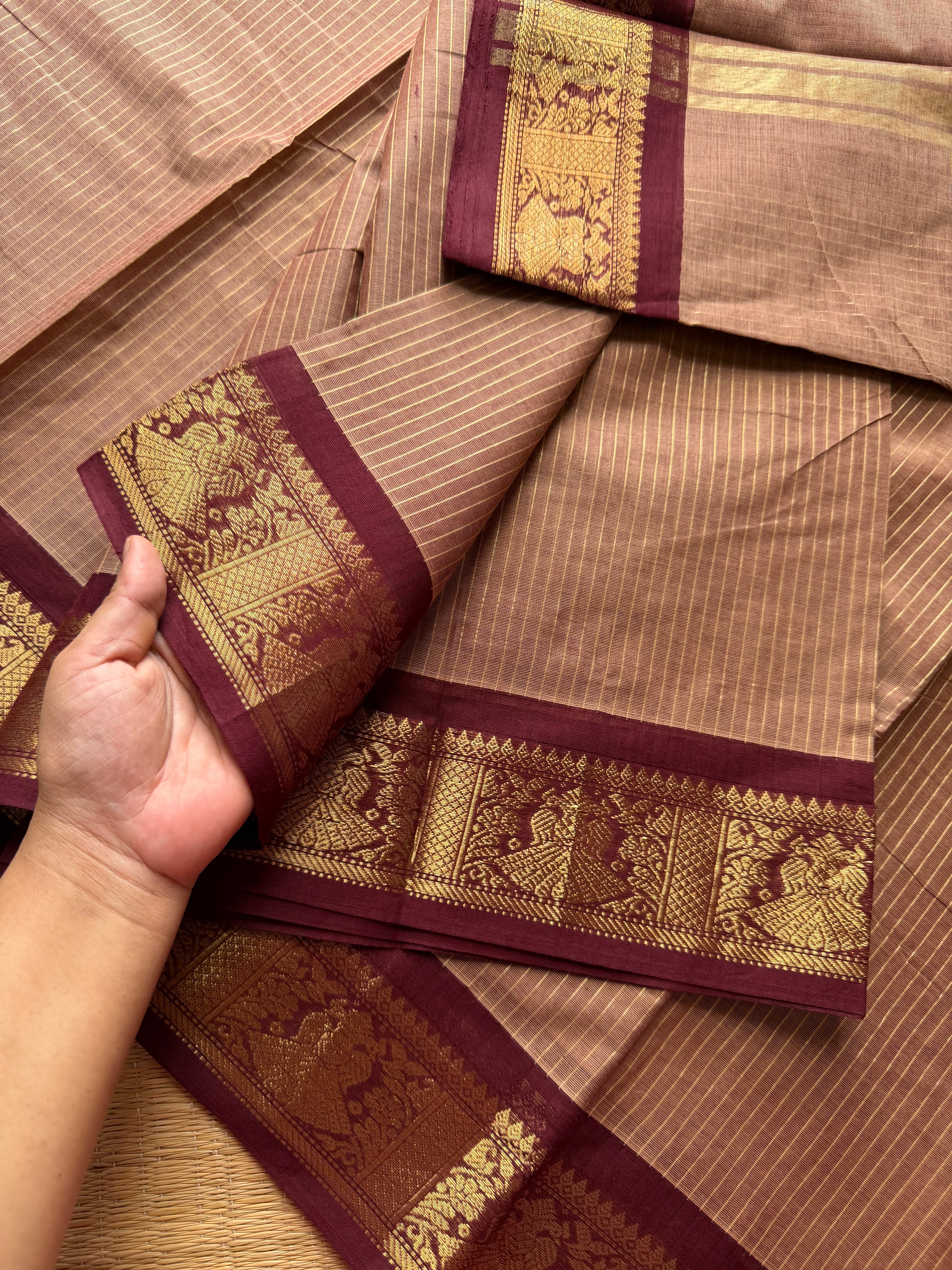 RF501 Biscuit shade with coffee brown combination Vairaoosi pattern Kanchi cotton saree