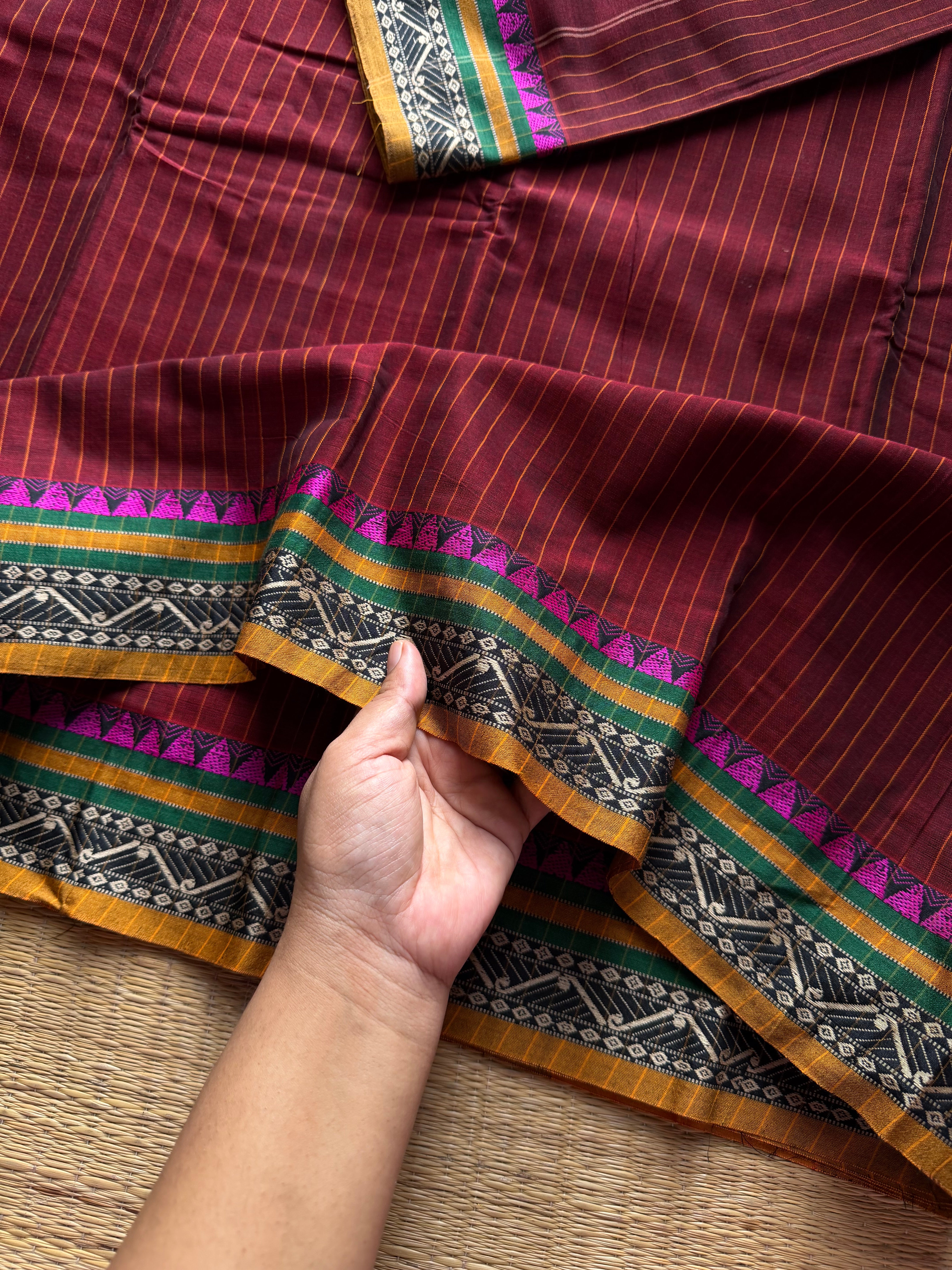 RF1308 Maroon ~ Narayanpet Mercerised soft cotton saree with stripped pattern