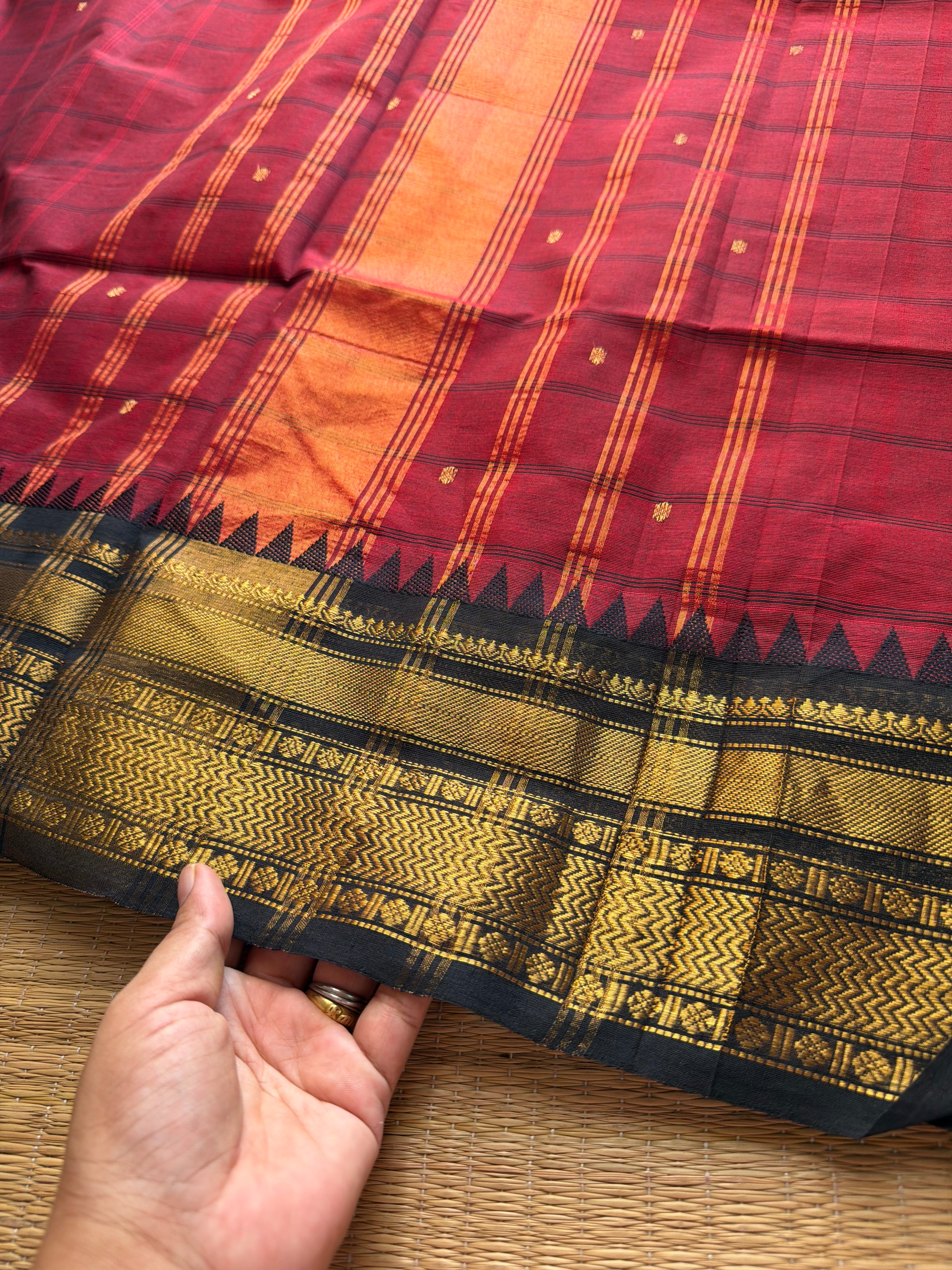 RF624 Kanchi Kattam ~ Reddish maroon shade with black combination Kanchi cotton saree with handmade thread buttas