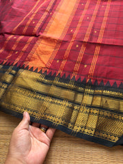 RF624 Kanchi Kattam ~ Reddish maroon shade with black combination Kanchi cotton saree with handmade thread buttas