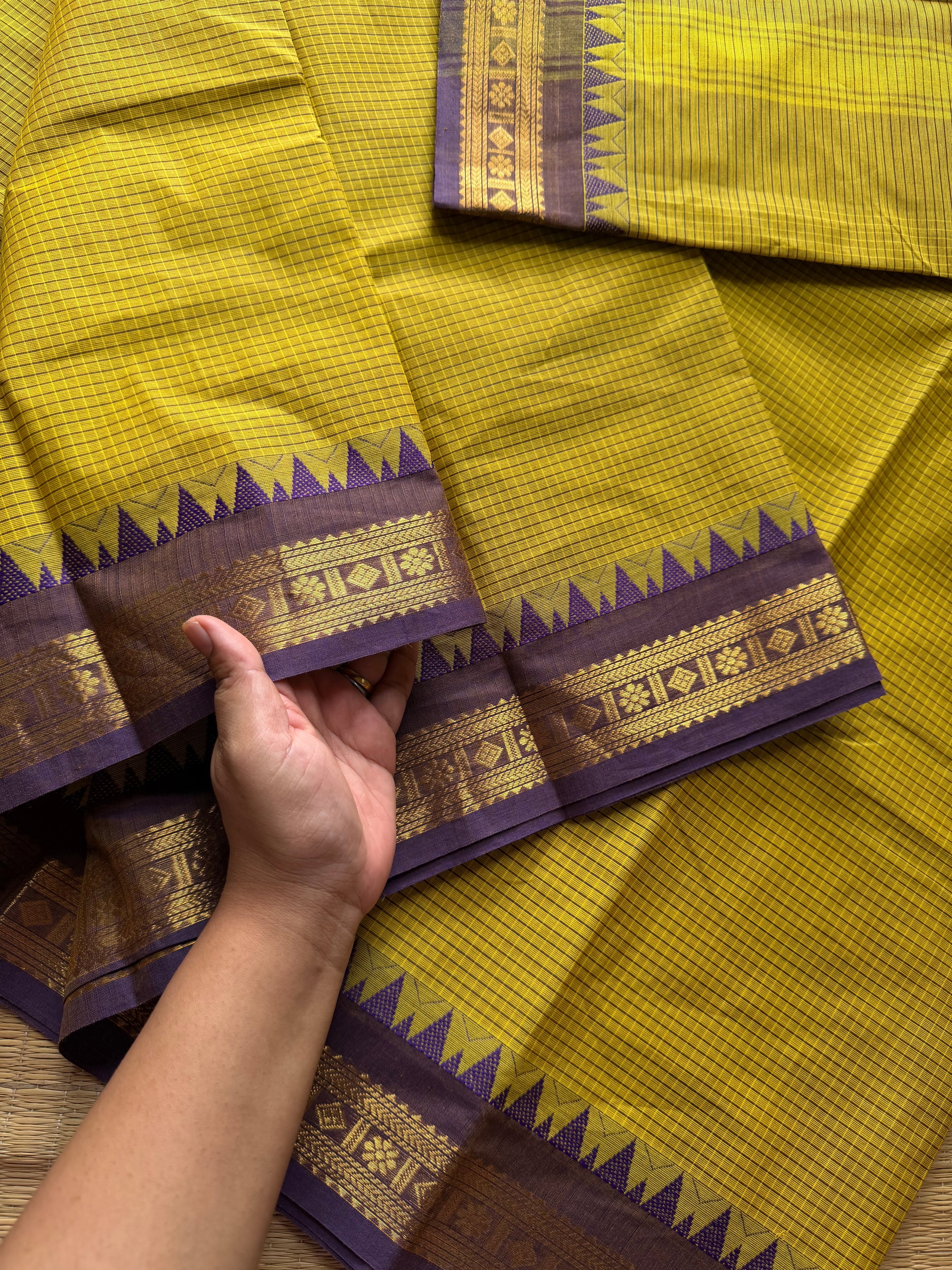 RF108 Premium small border vintage  Podikattam Kanchi cotton saree with Mustard Yellow and light purple shade