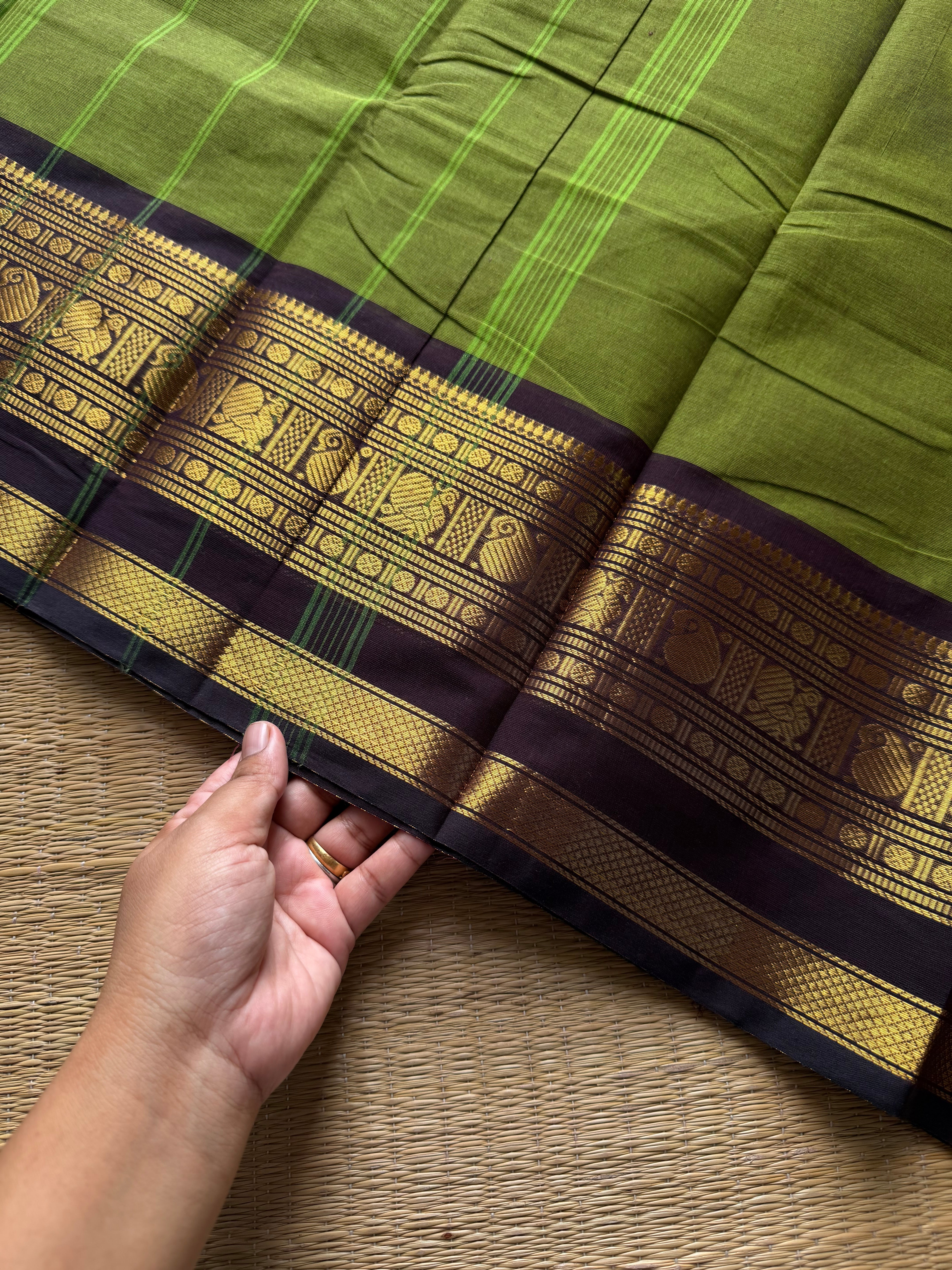 RF1076 Green with brown combination Kanchi cotton saree
