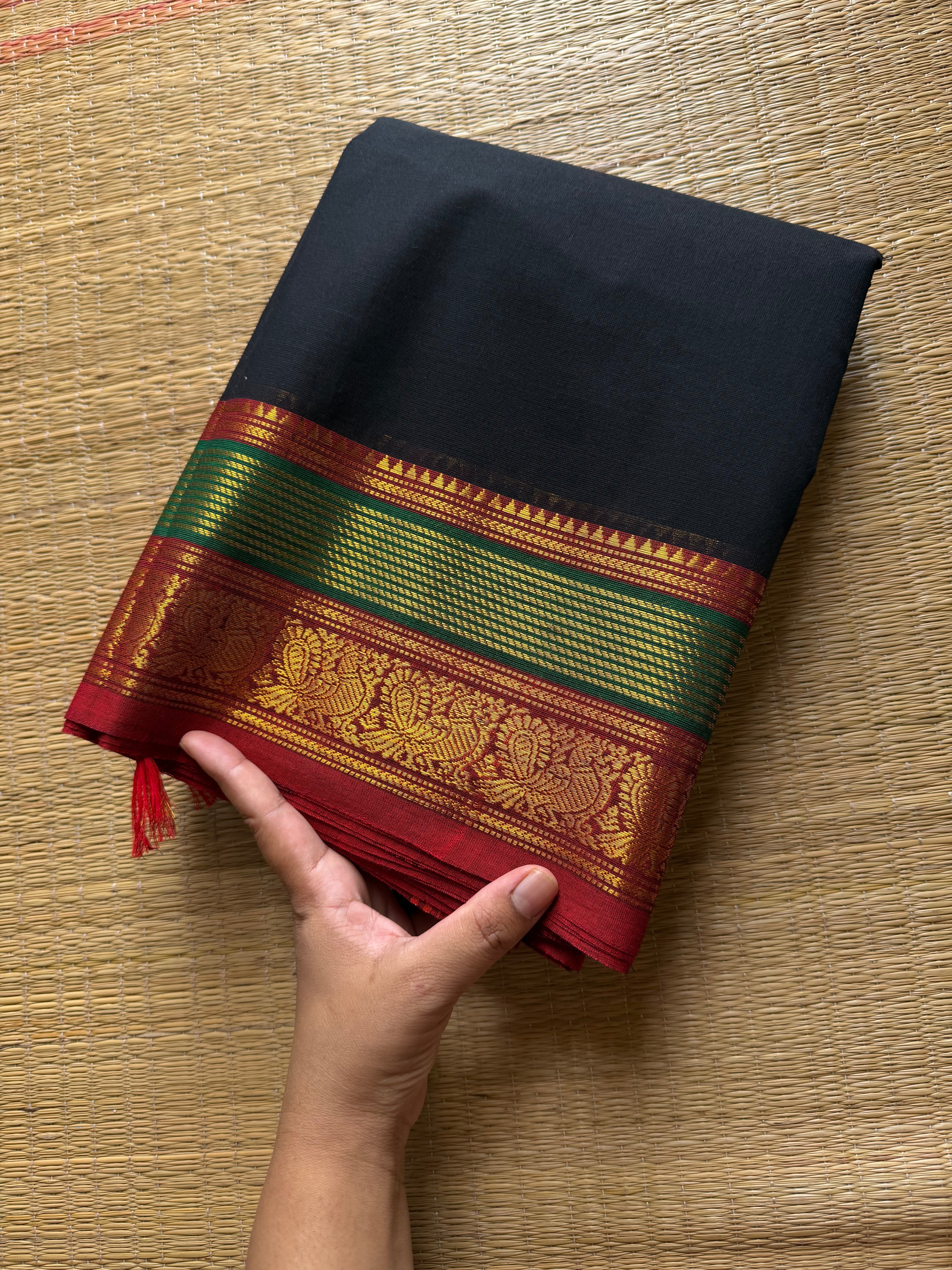 RF519 Black with red and green combination Kanchi cotton saree with unique border