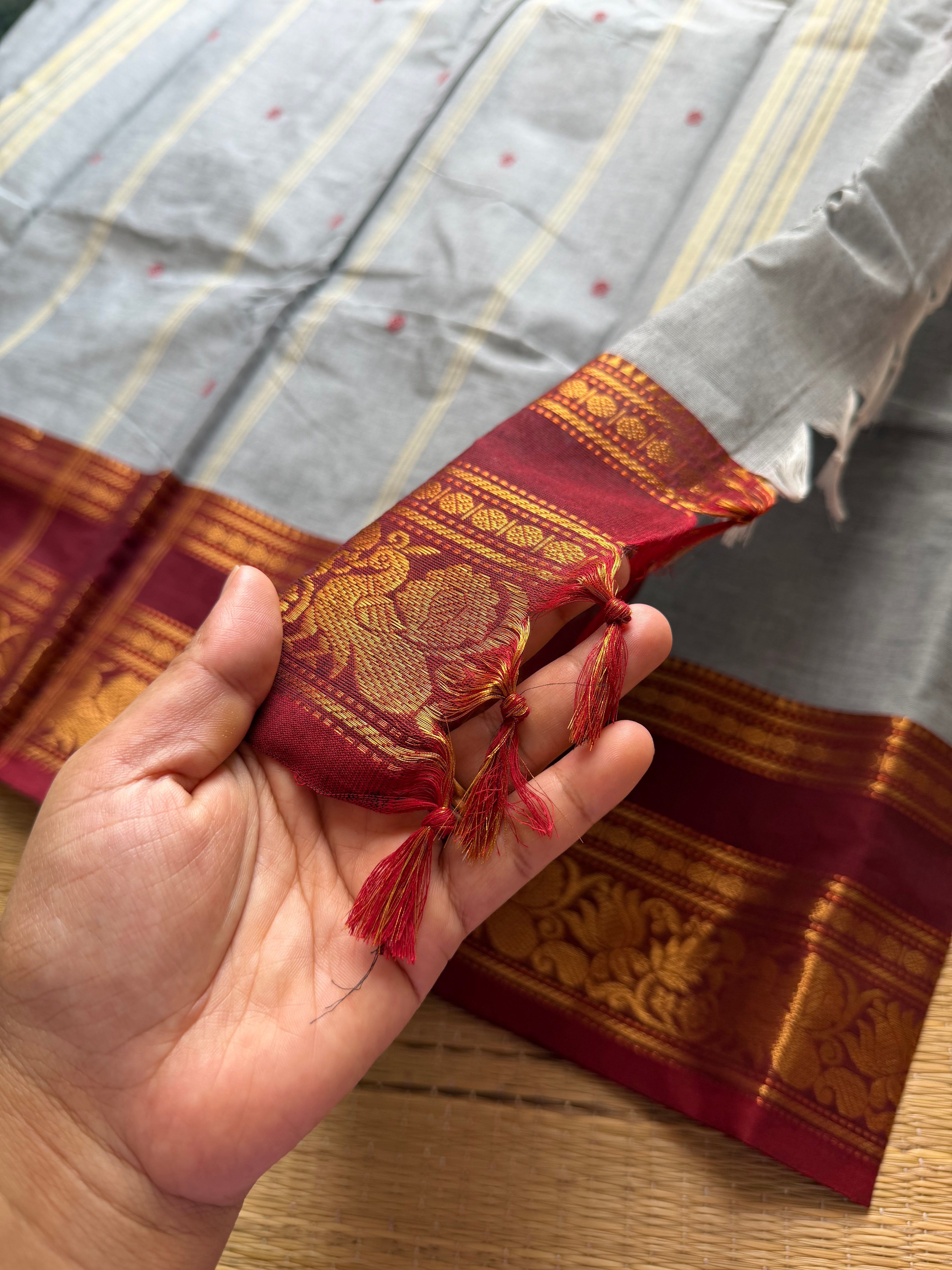 RF565 Grey with contrast maroon combination floral pattern border Kanchi cotton saree with handmade thread buttas