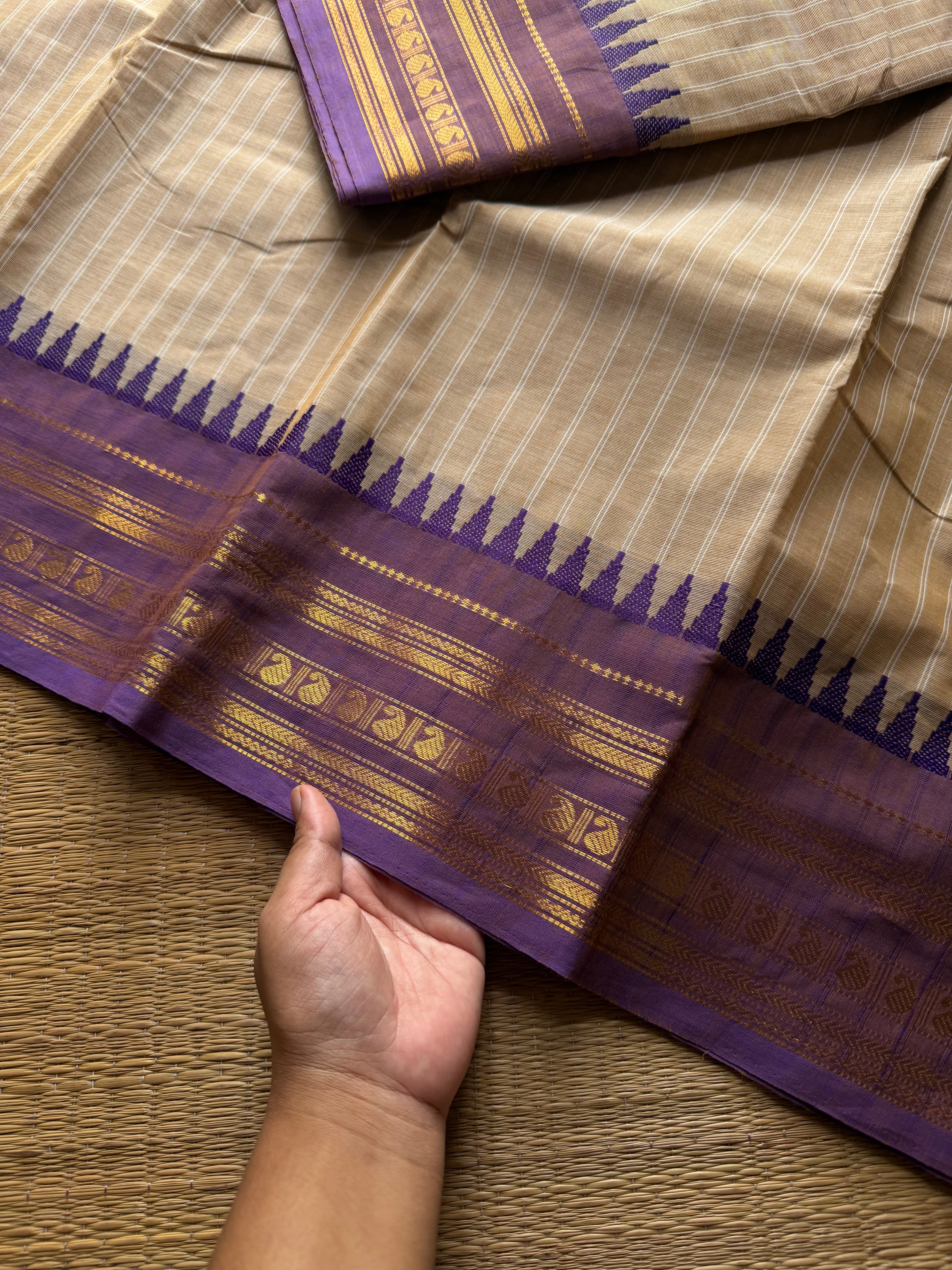RF1351 Pastel Edition ~ Cream with light purple shade combination Kanchi cotton saree with stripped pattern