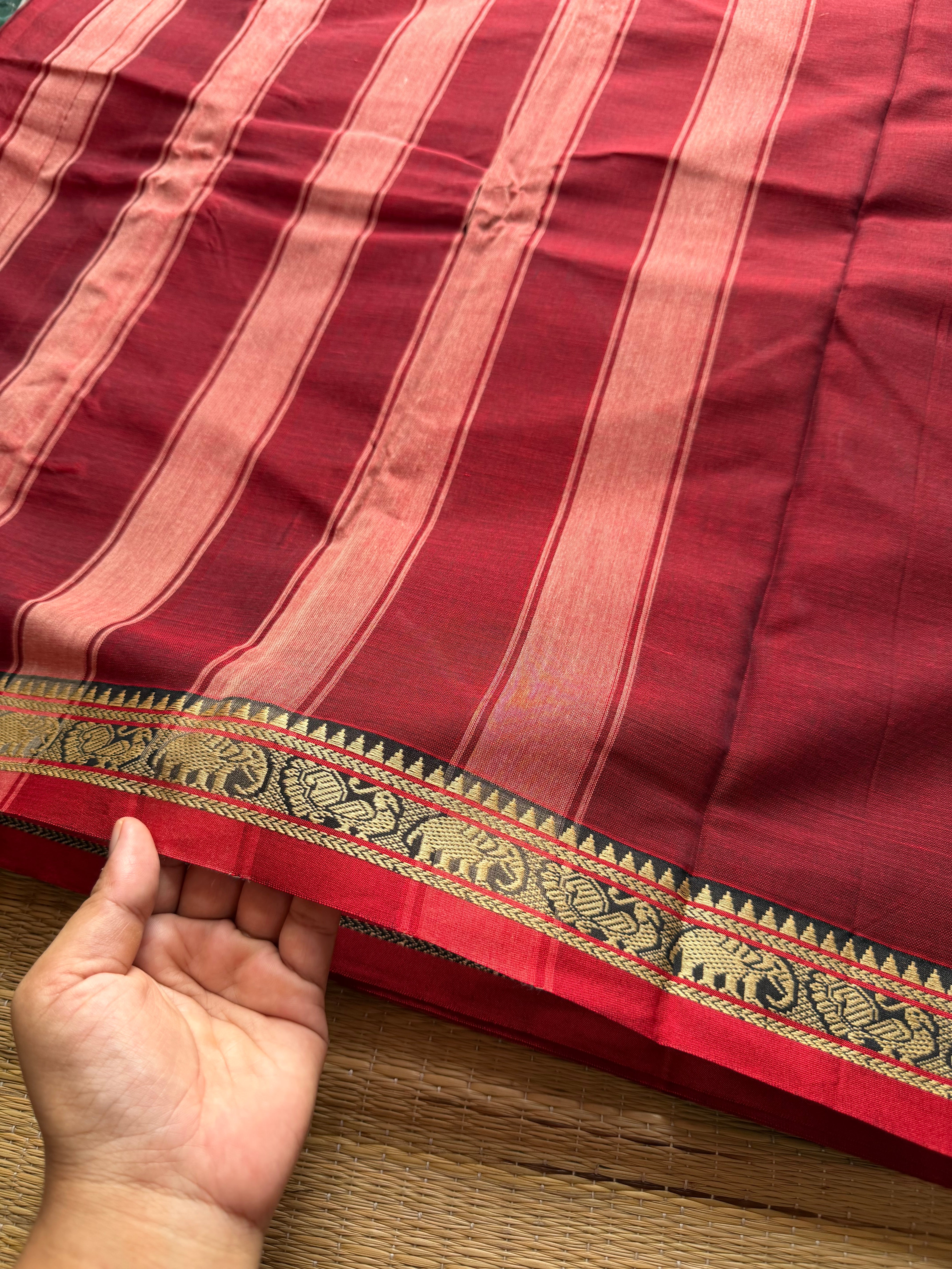 RF319 Maroon Mercerised Narayanpet Cotton Saree With Small Annam and elephant pattern border