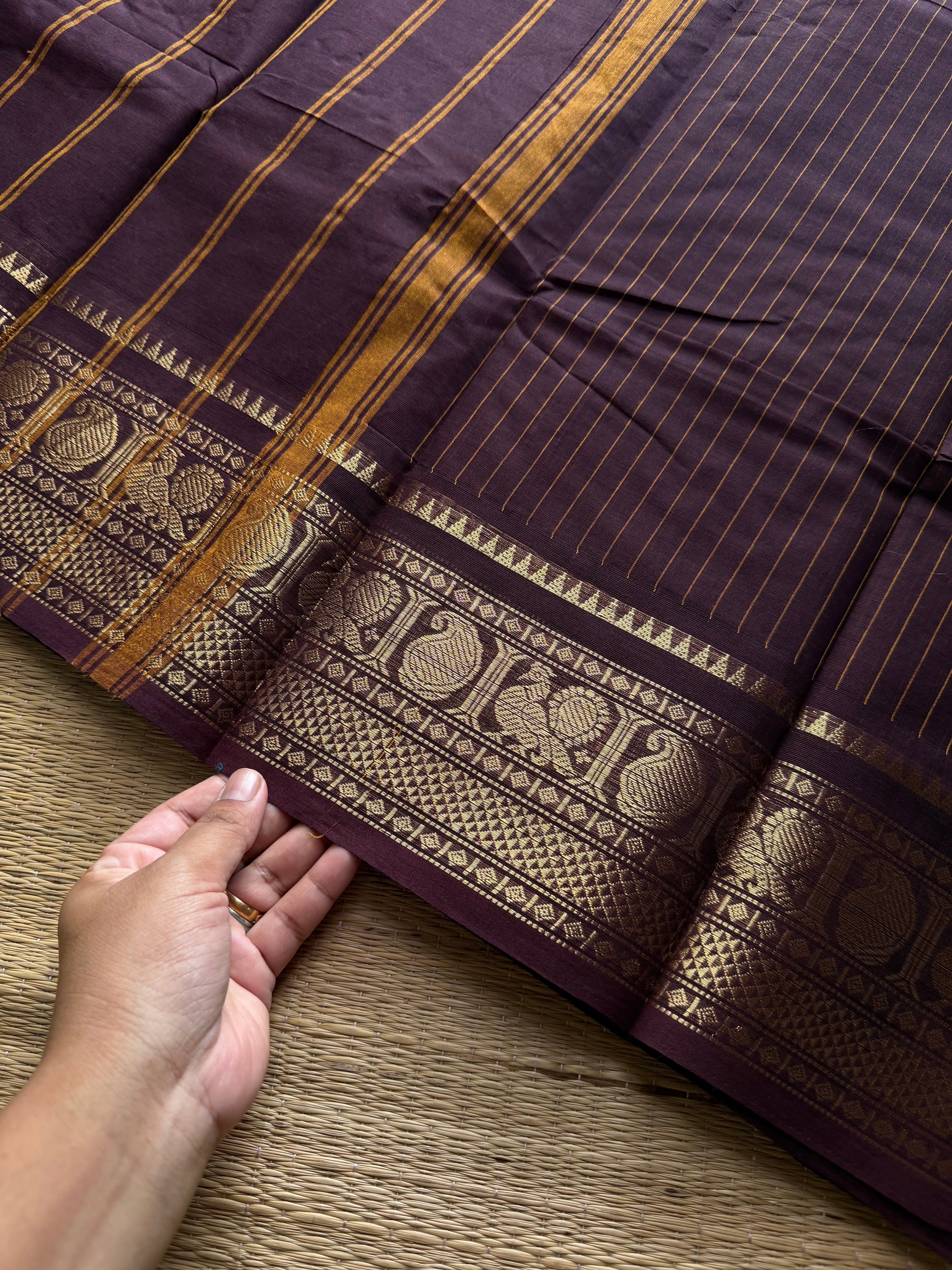 RF1258 Deep coffee brown ~ Kanchi cotton saree with stripped lines pattern