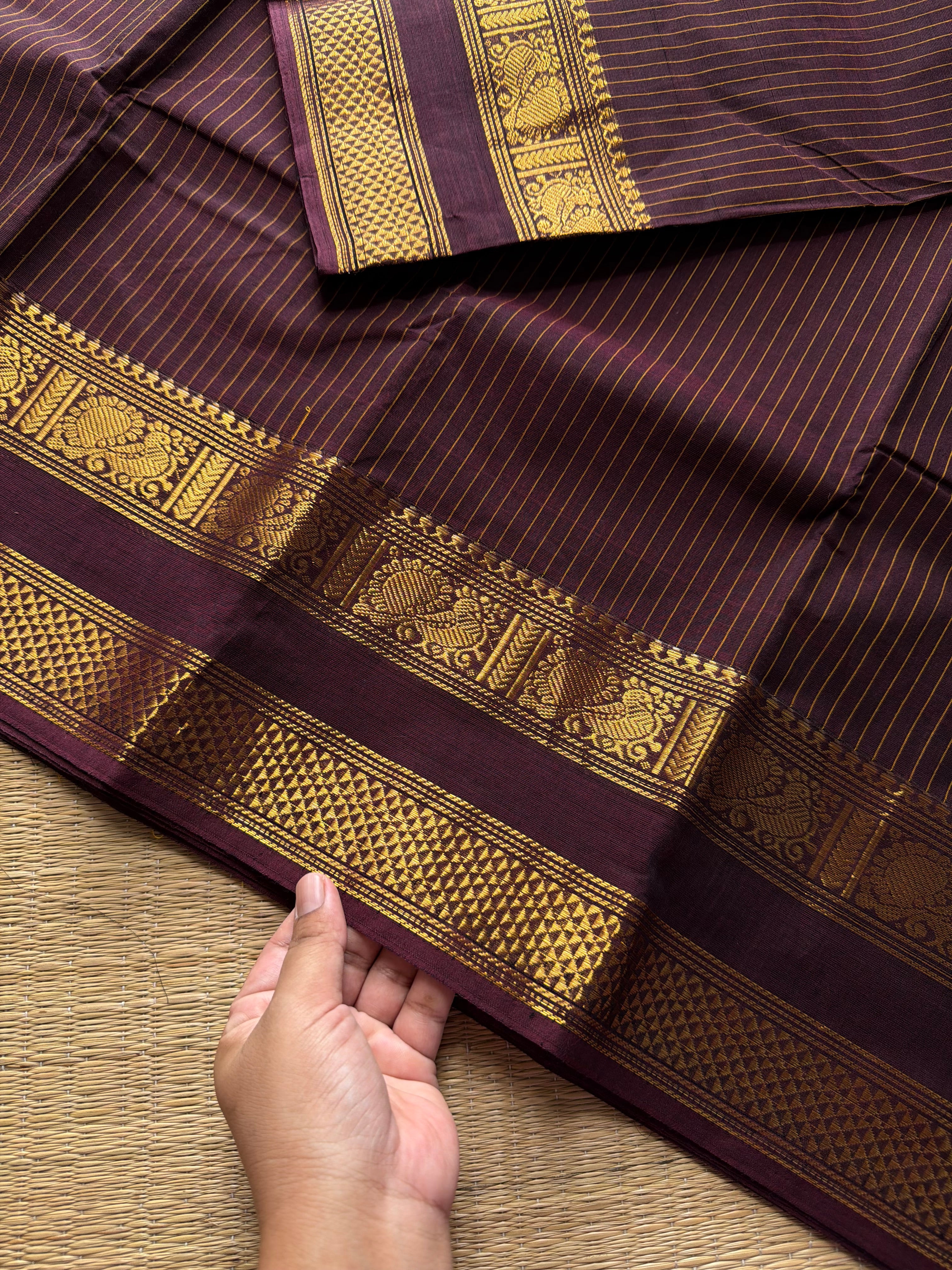 RF389 Coffee brown shade Kanchi cotton saree with Korvai Vaira Oosi thread vertical lines pattern with vintage Rettapet Zari border