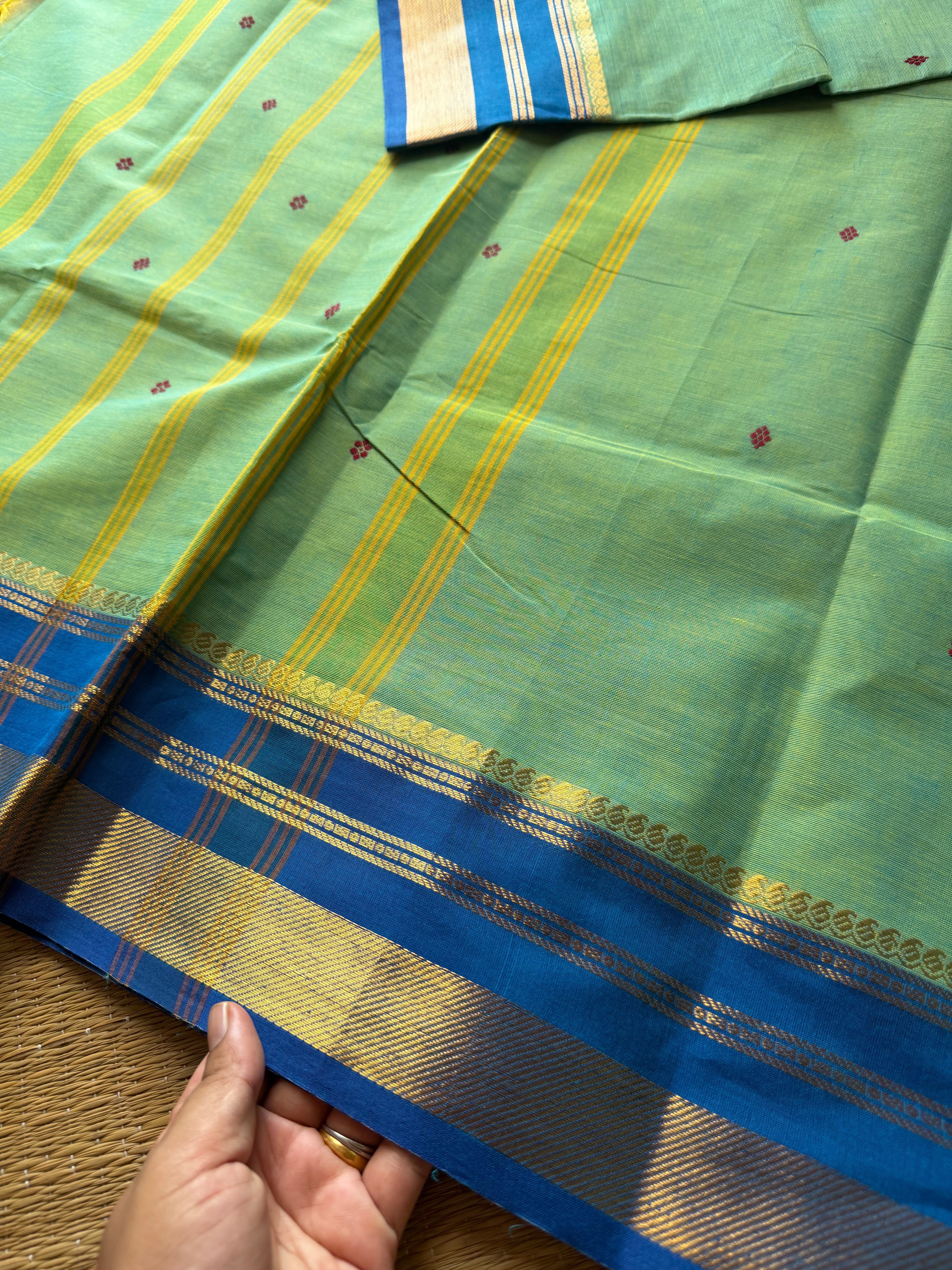 RF650 Dual tone Apple green with blue combination Kanchi cotton saree with handmade thread buttas