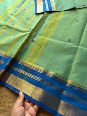 RF650 Dual tone Apple green with blue combination Kanchi cotton saree with handmade thread buttas