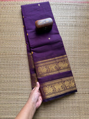 Monotone Retta Patta Purple Kanchi Cotton Saree With Handmade Thread Buttas