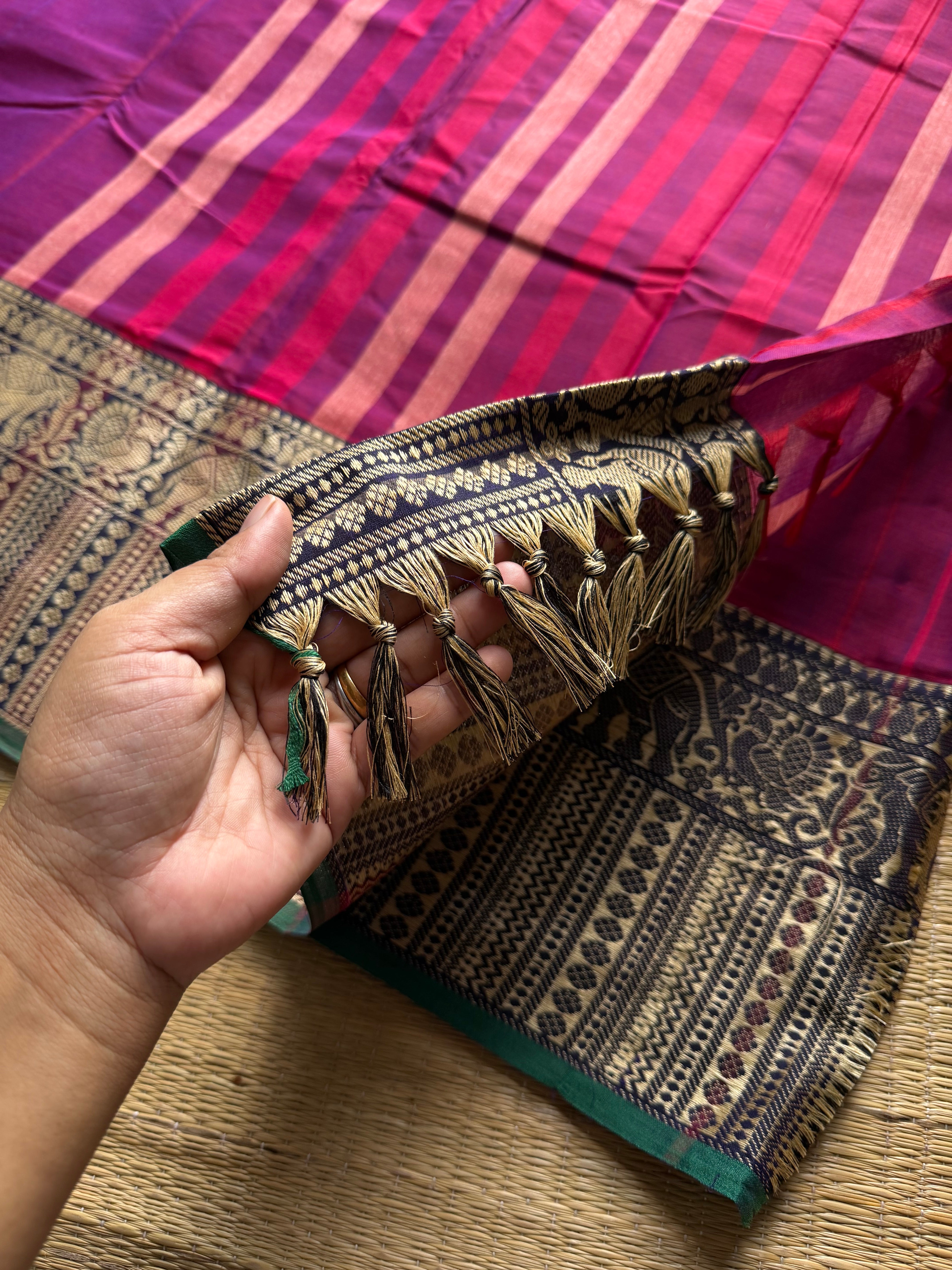 RF1434 Magenta pink ~ Mercerised Narayanpet big thread border soft cotton saree