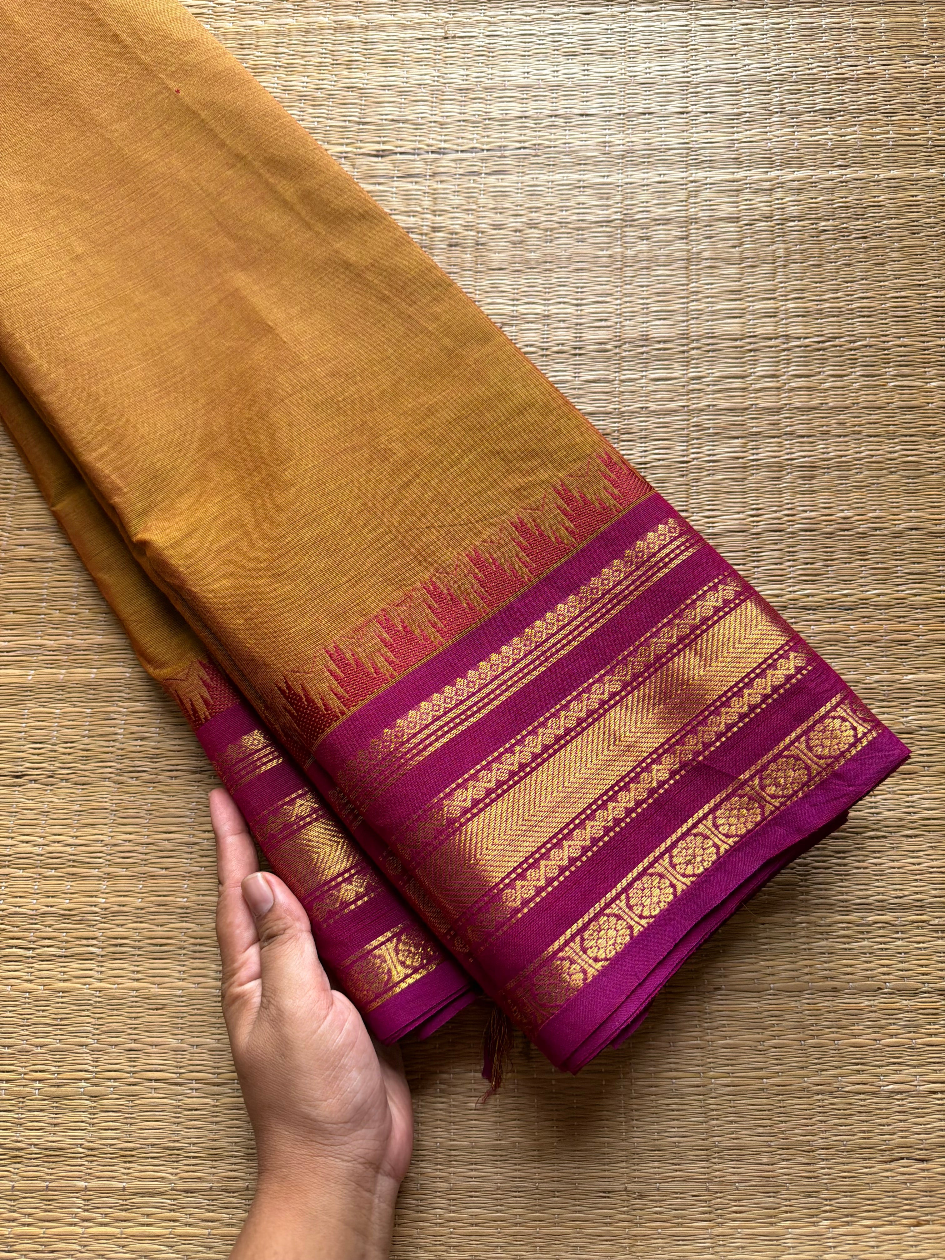 RF686 Thazhampoo border Kanchi cotton saree ~ Dual tone mustard
