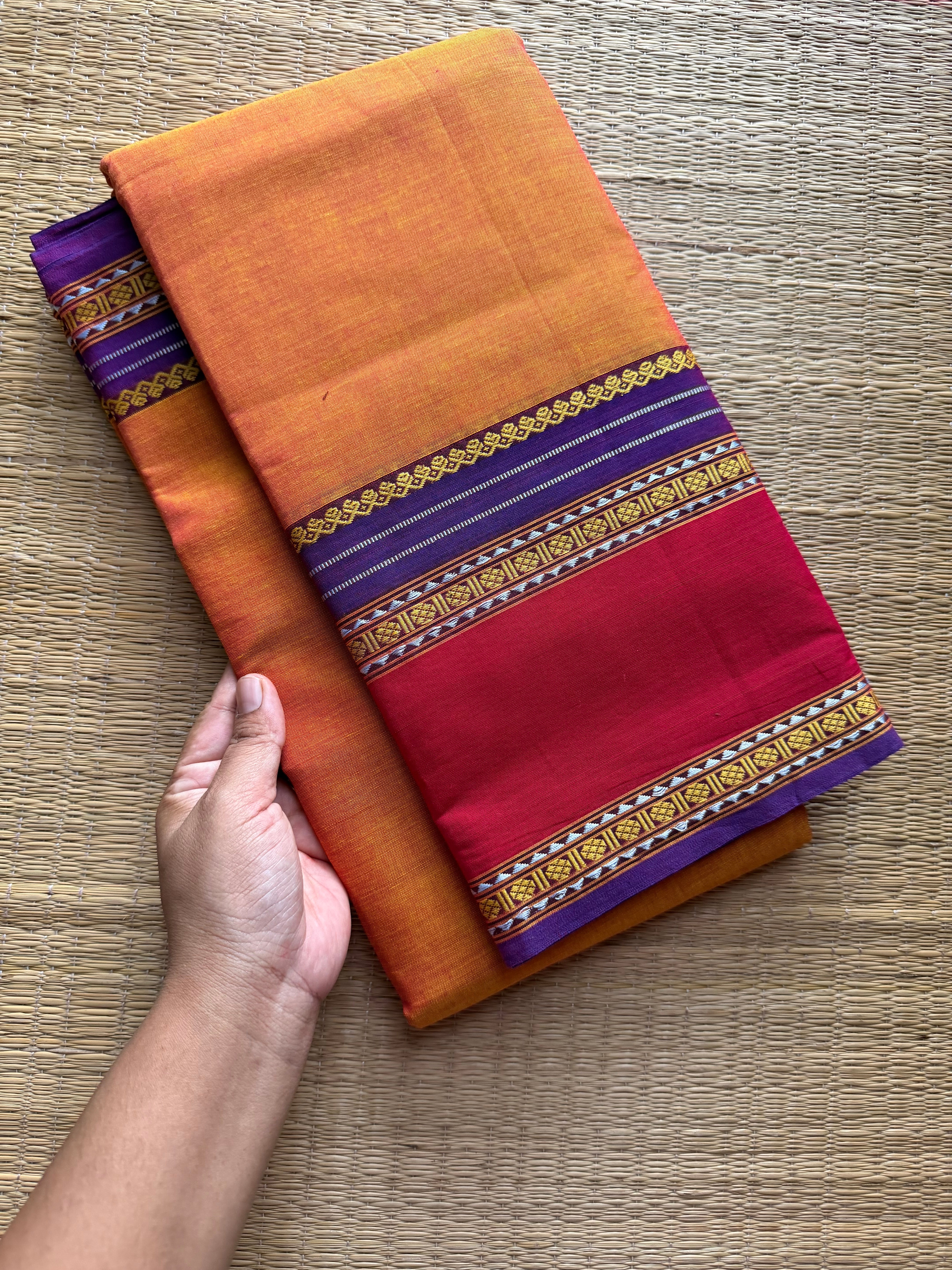 RF1094 Dark Mango shade ~ vintage style gap border mercerised Narayanpet cotton saree
