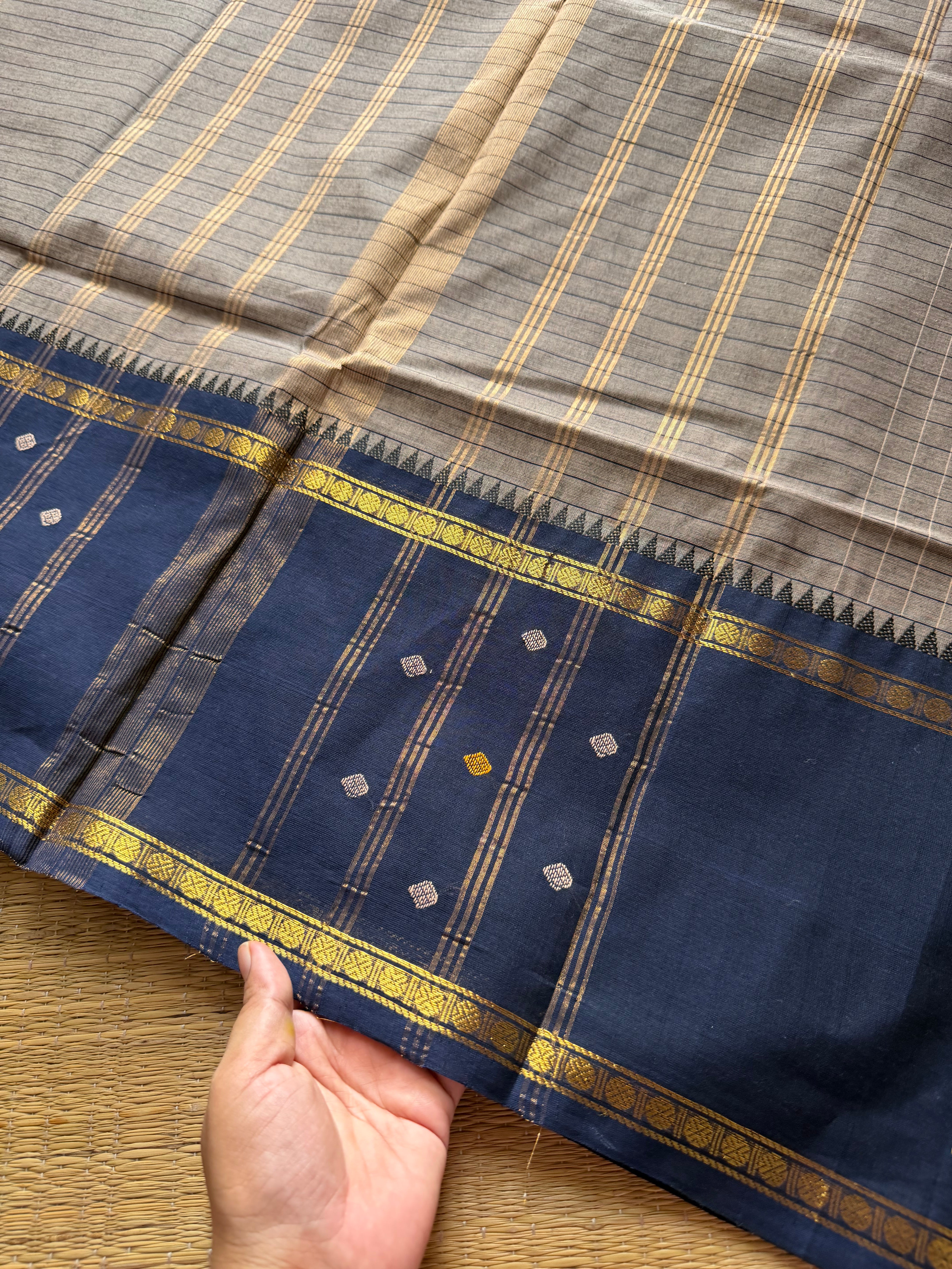 Grey with navy blue combination Vintage Border Kanchi Cotton Saree With kattam / checks pattern & handwoven Buttas on the border