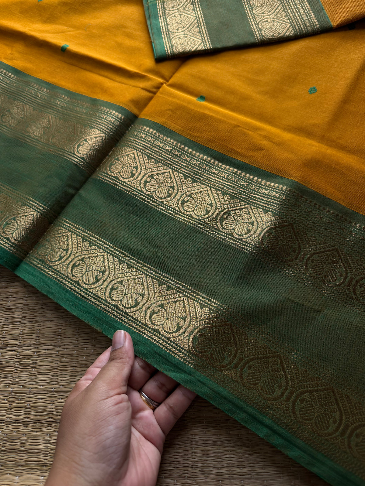 Yellow with green combination Kanchi cotton saree with handmade thread buttas