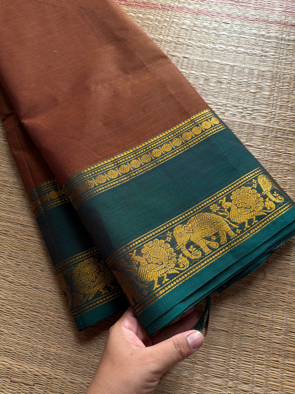 RF414 Rustic Honey Shade With Contrast Teal Green Shade Kanchi Cotton Saree with silk saree inspired Annam and elephant pattern Gap Border