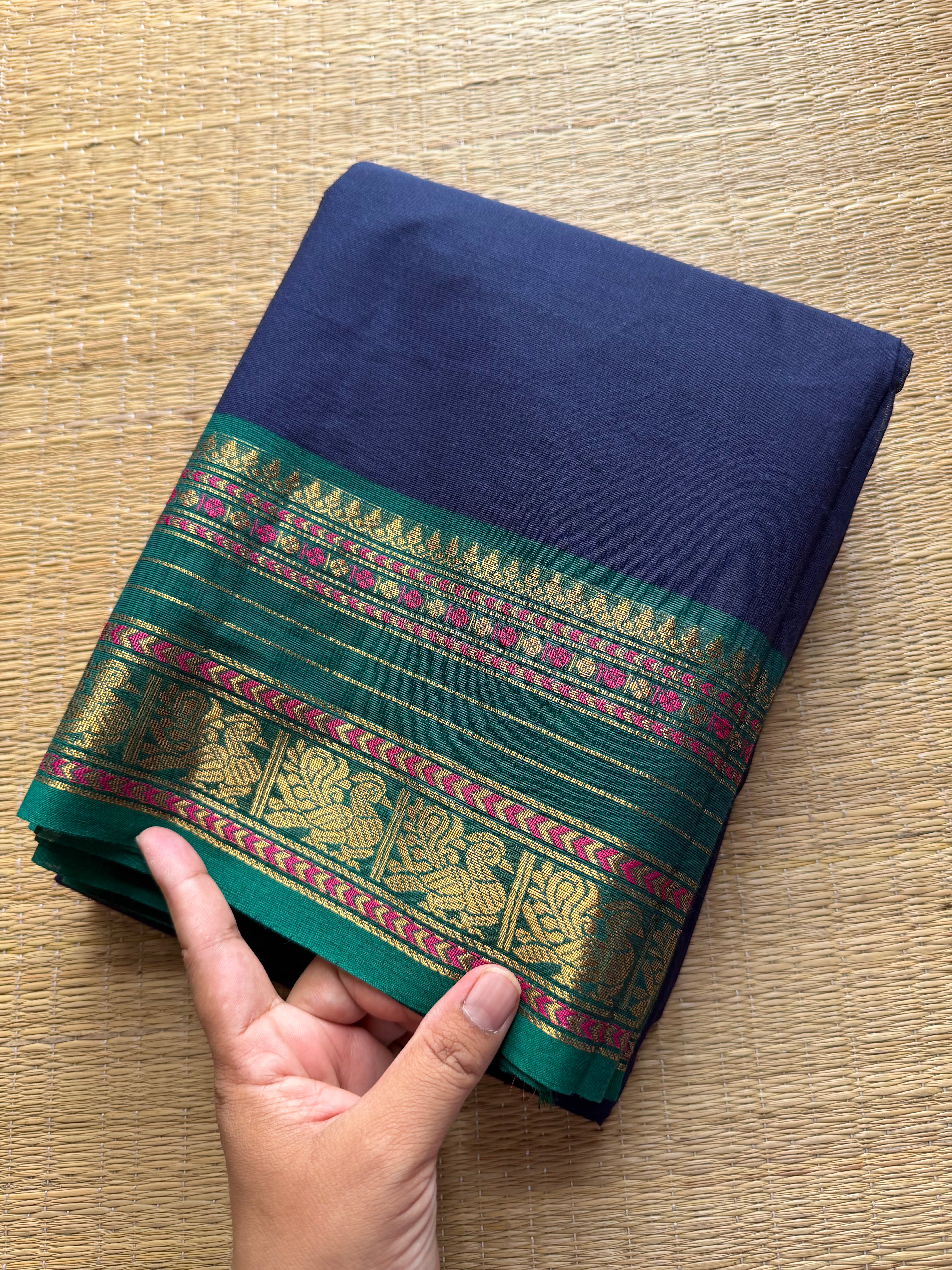 RF274 Navy Blue with green combination Kanchi cotton saree with silk saree inspired border
