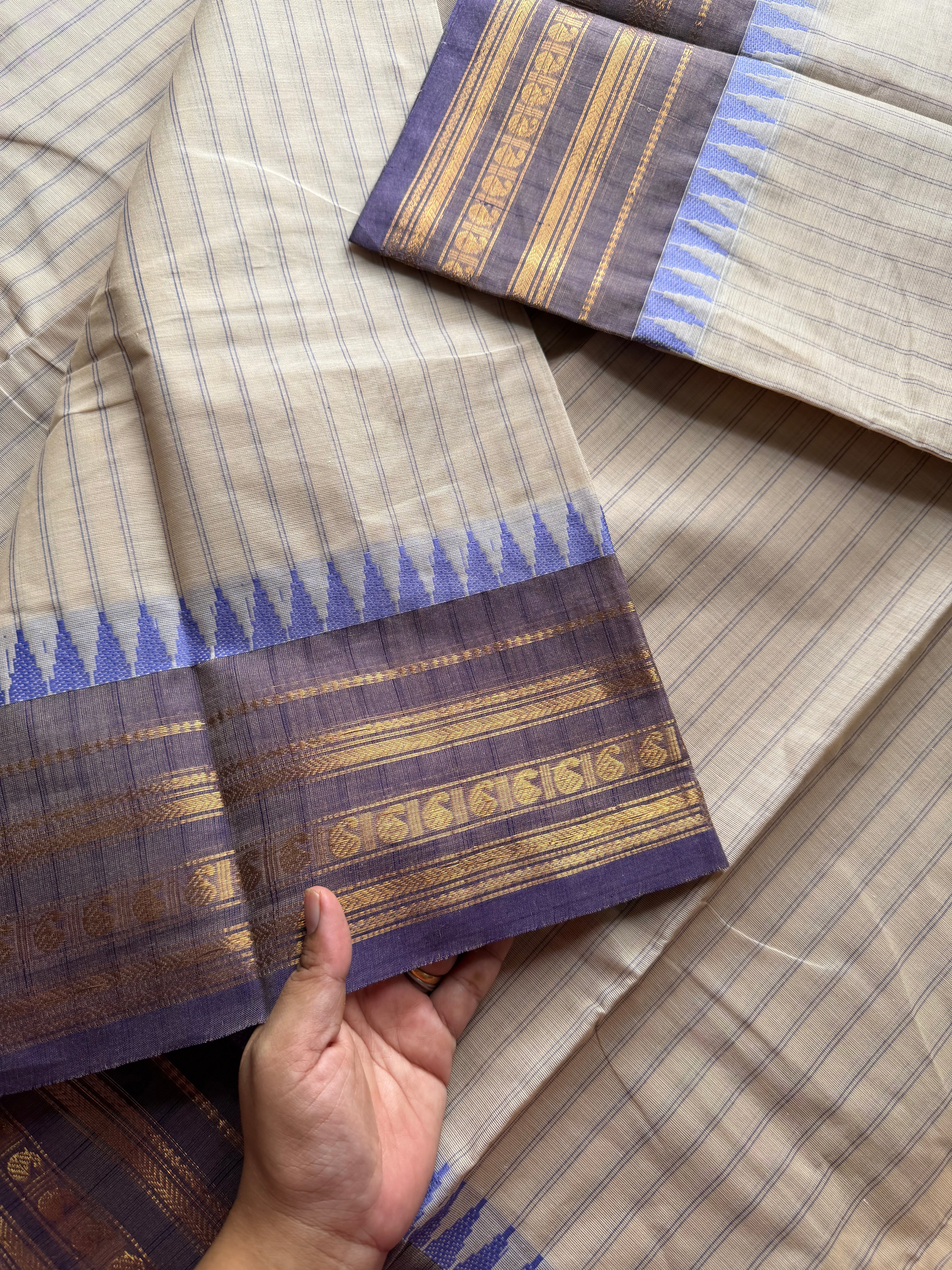 RF532 Half white with light lavender Combination Kanchi Cotton Saree With Stripped pattern