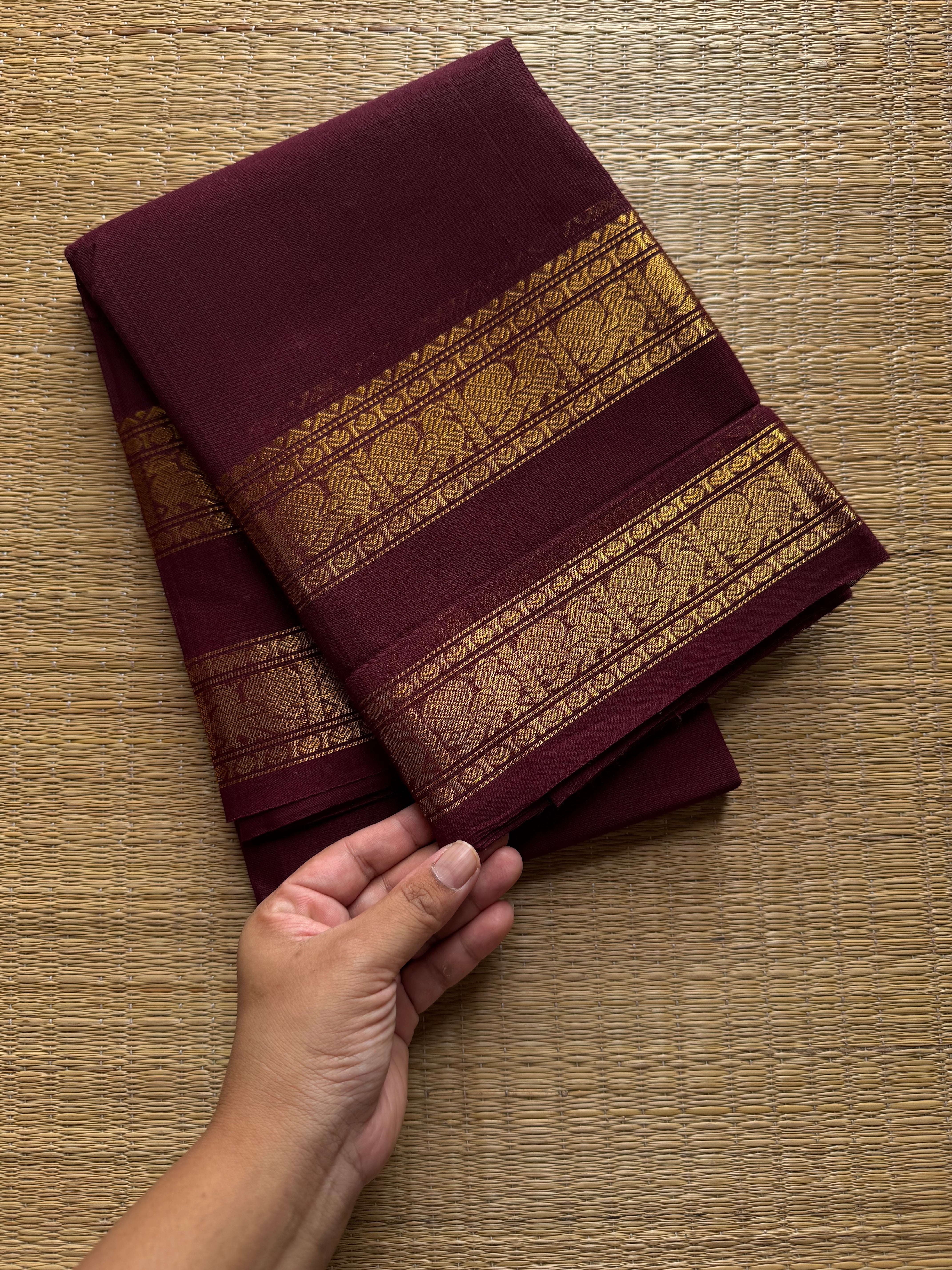 RF502 Deep maroon Kanchi cotton saree with Rettapet Annam pattern border