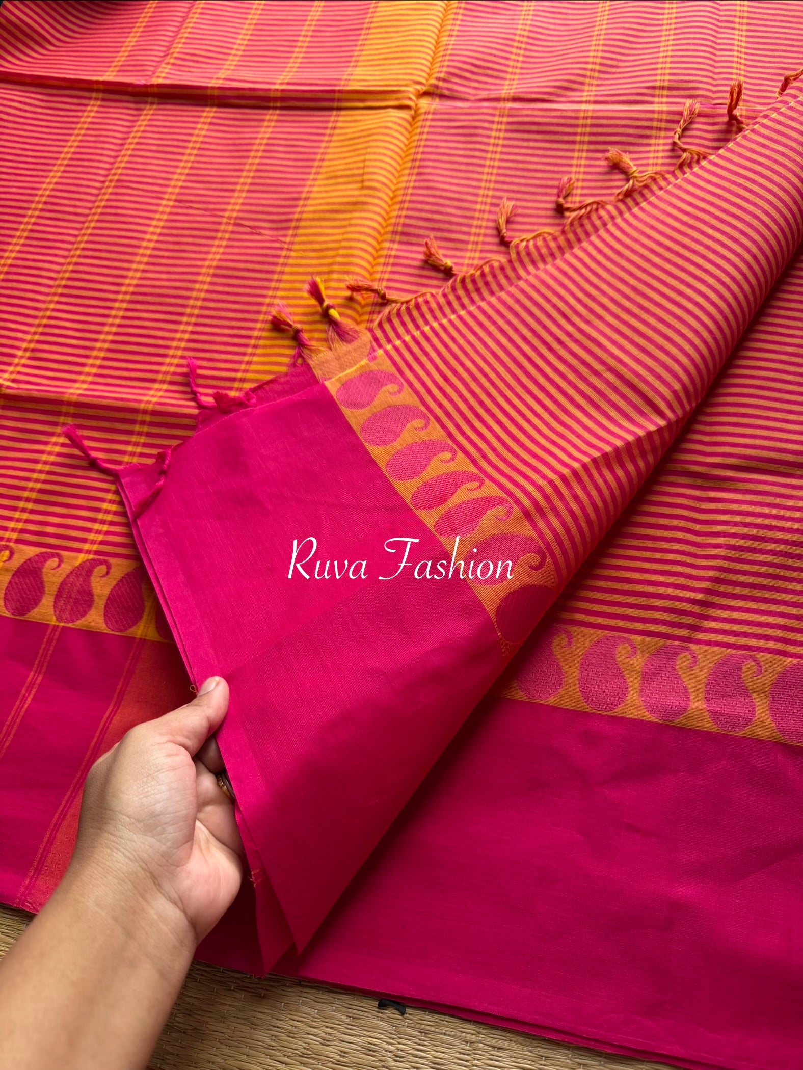 RF14 dual tone orange with pink soft Kanchi cotton saree with thread border - RF14