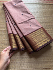 Beige with brown combination Kanchi cotton saree with handmade thread buttas