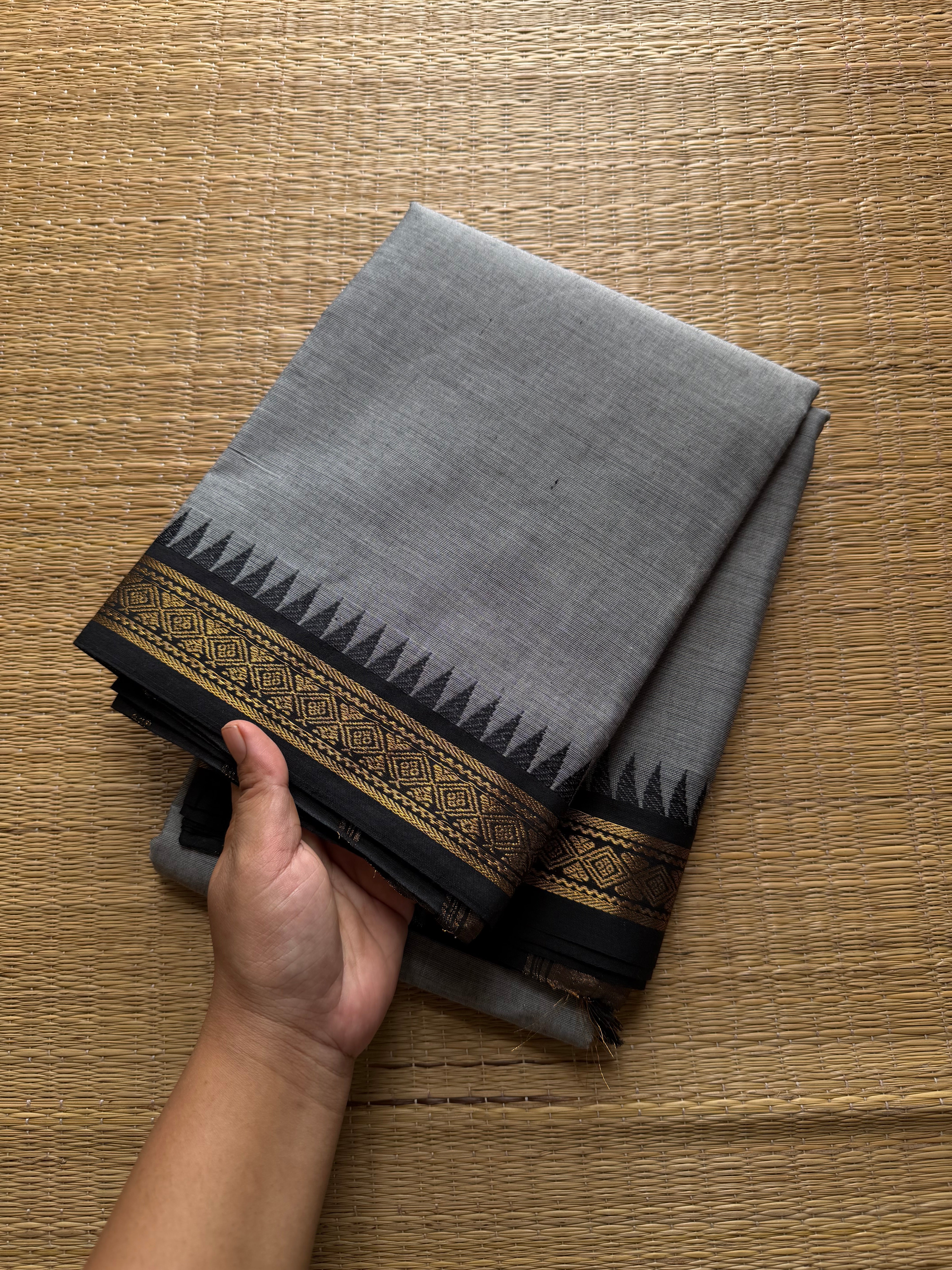 Grey with black combination small border Kanchi cotton saree