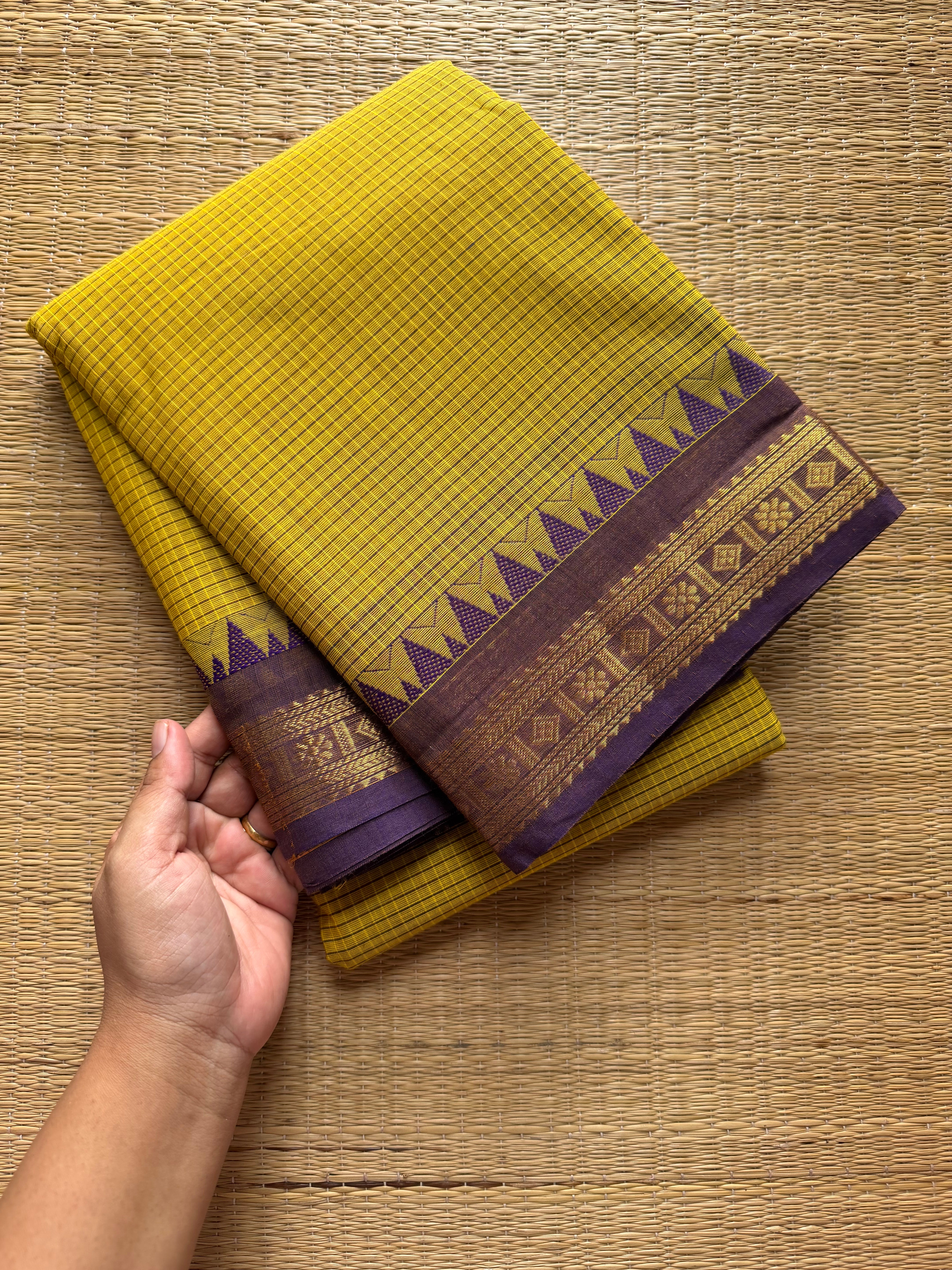 RF108 Premium small border vintage  Podikattam Kanchi cotton saree with Mustard Yellow and light purple shade