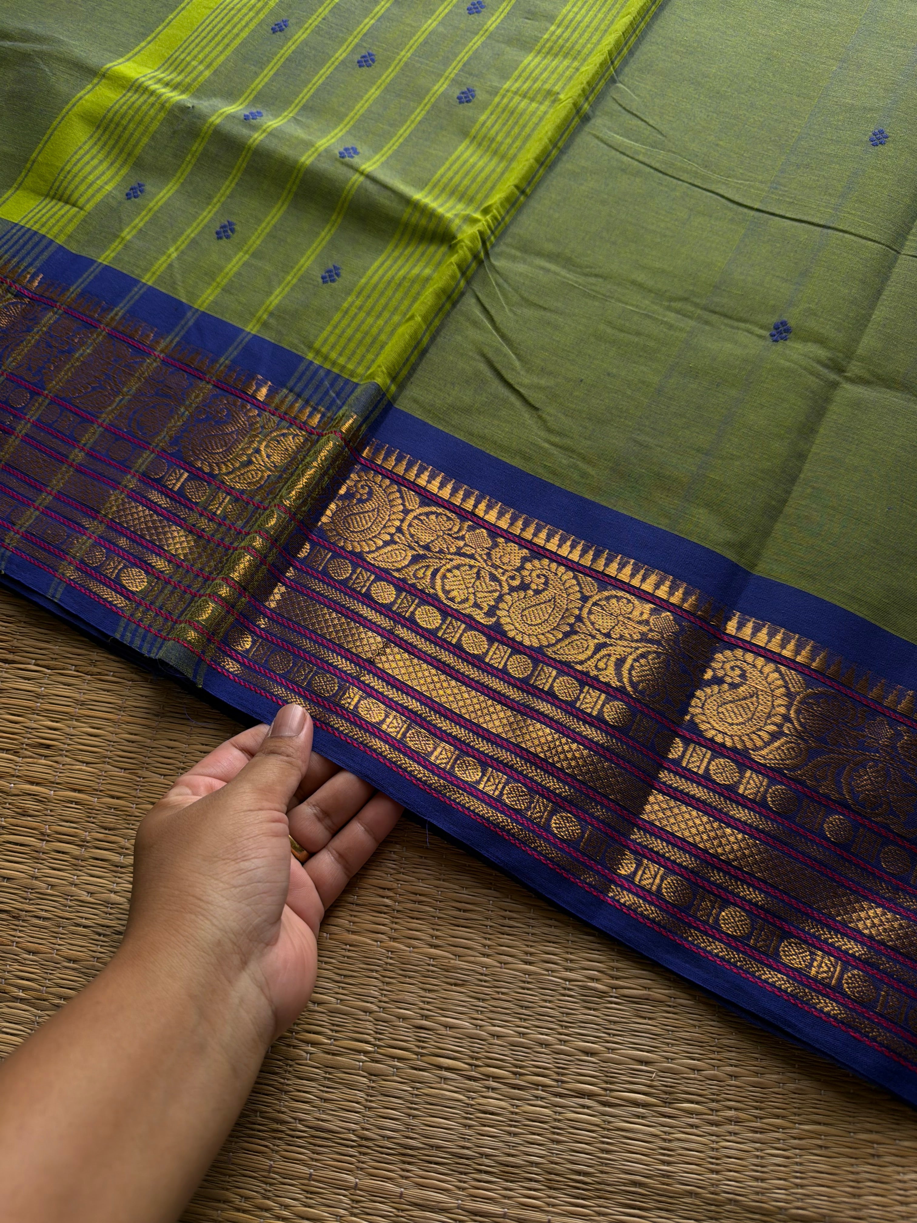 RF1020 Dual tone green shade Kanchi cotton saree with handmade thread buttas