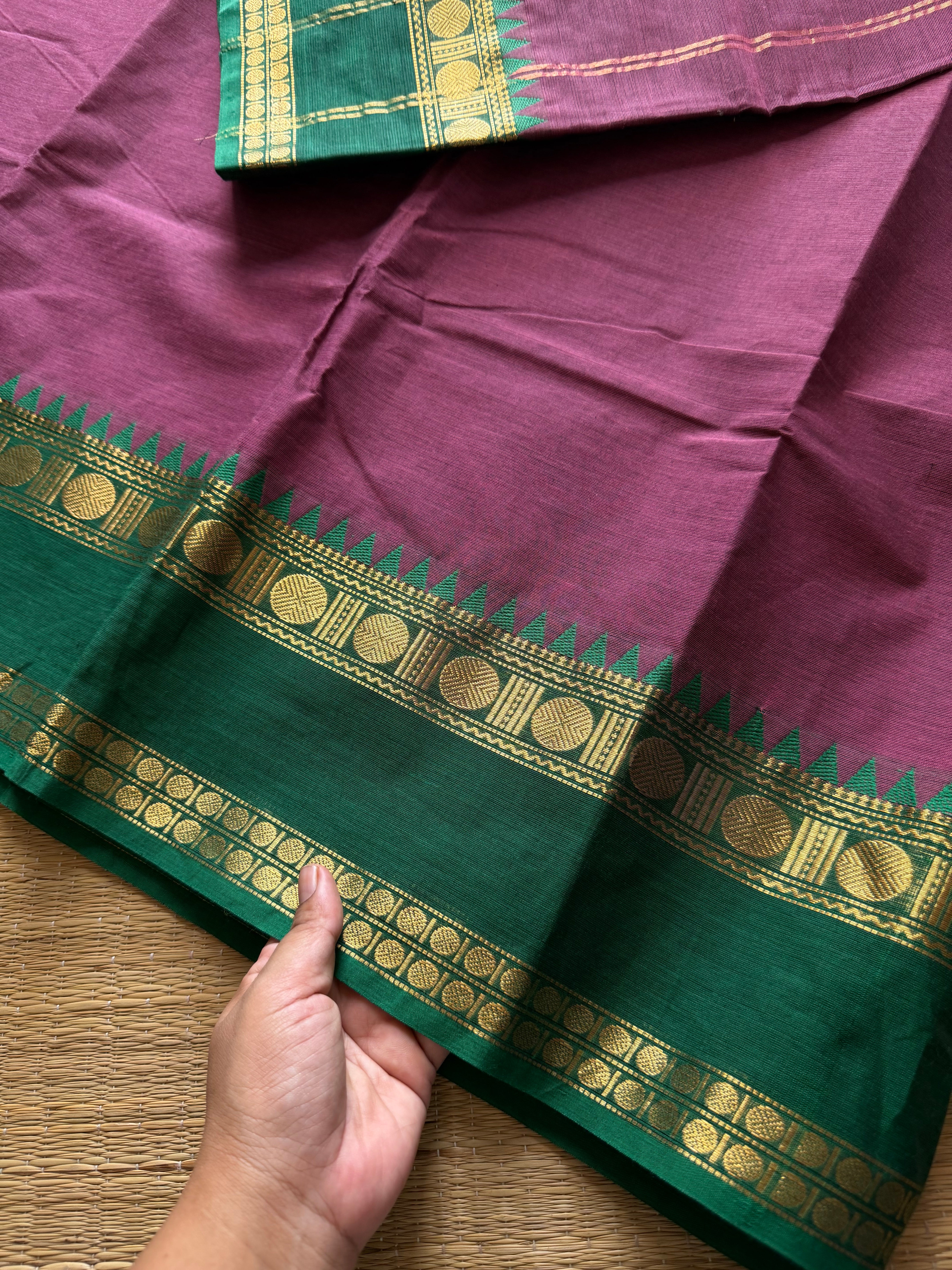 RF435 Grape shade with contrast green combination Kanchi cotton saree