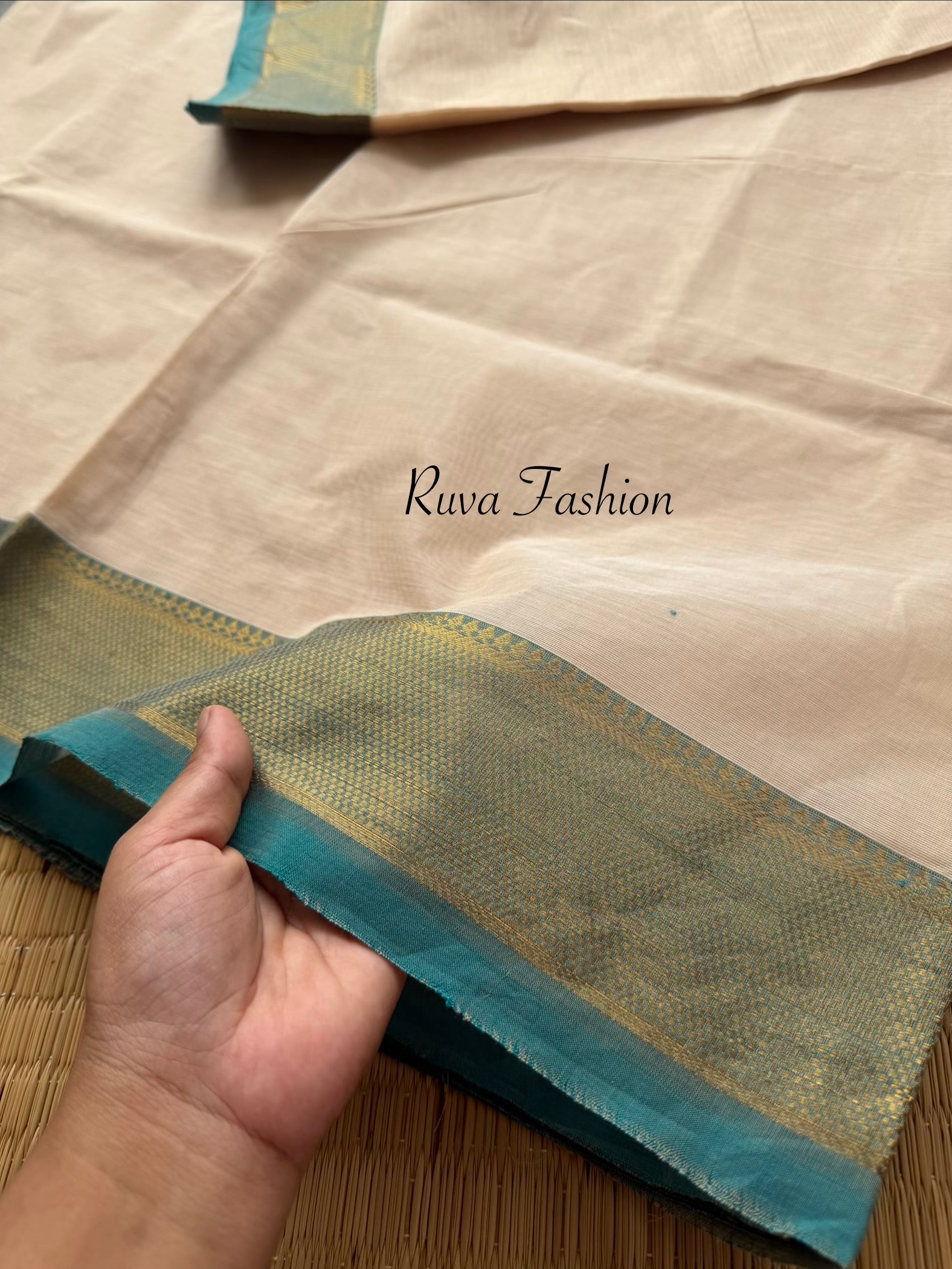 RF138 Cream with light sky blue shade / pastel shade Kanchi cotton saree