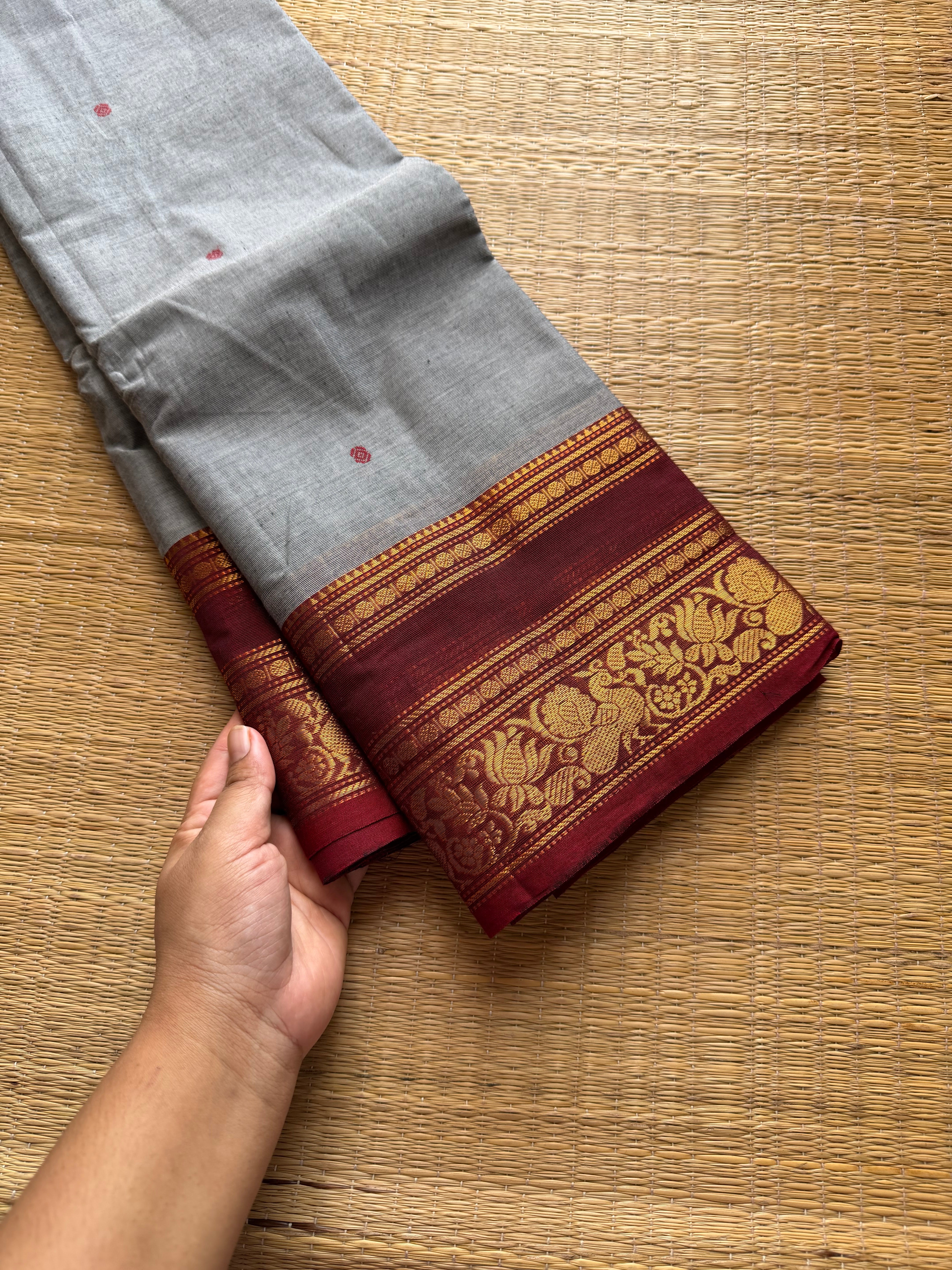 RF565 Grey with contrast maroon combination floral pattern border Kanchi cotton saree with handmade thread buttas