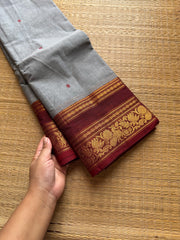 RF565 Grey with contrast maroon combination floral pattern border Kanchi cotton saree with handmade thread buttas