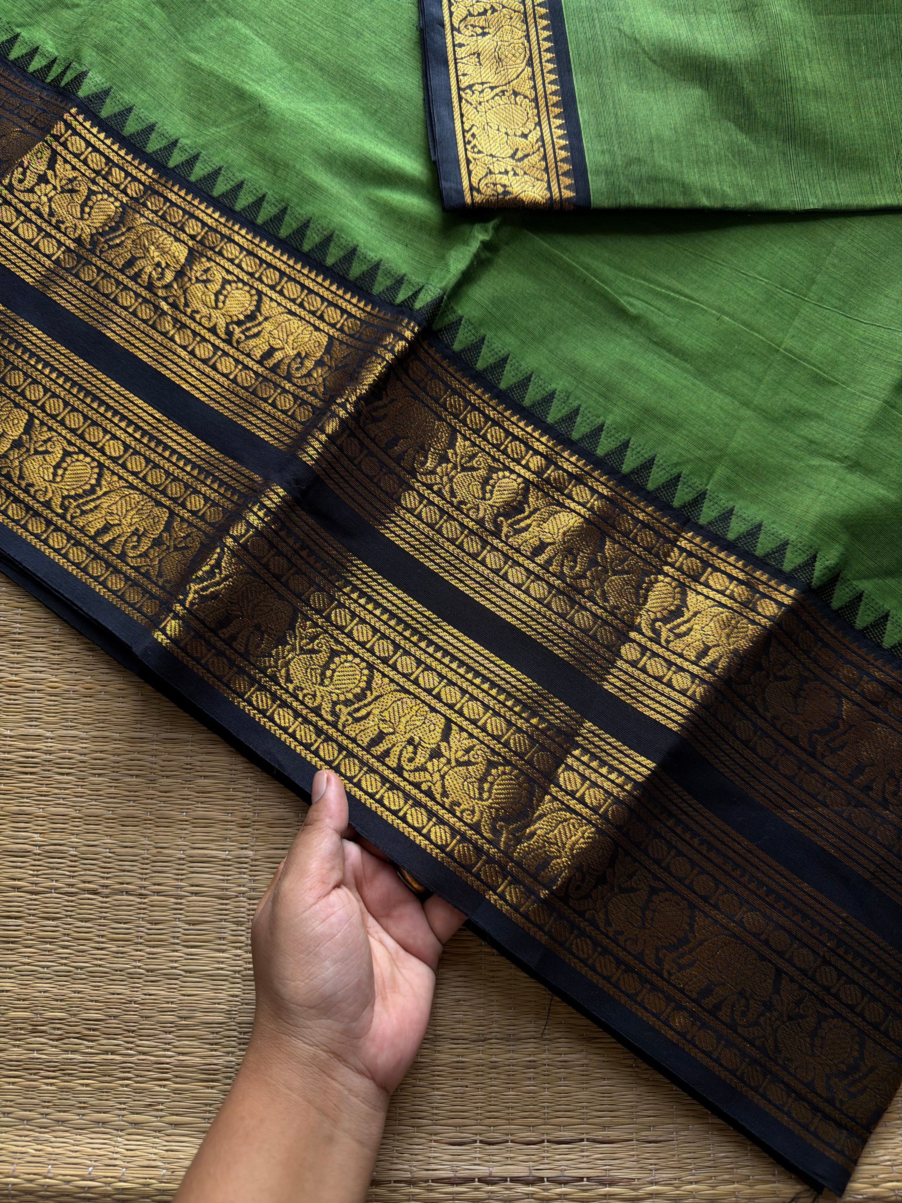 RF1139 Green with black Rettapet border Kanchi cotton saree