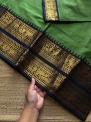 RF1139 Green with black Rettapet border Kanchi cotton saree