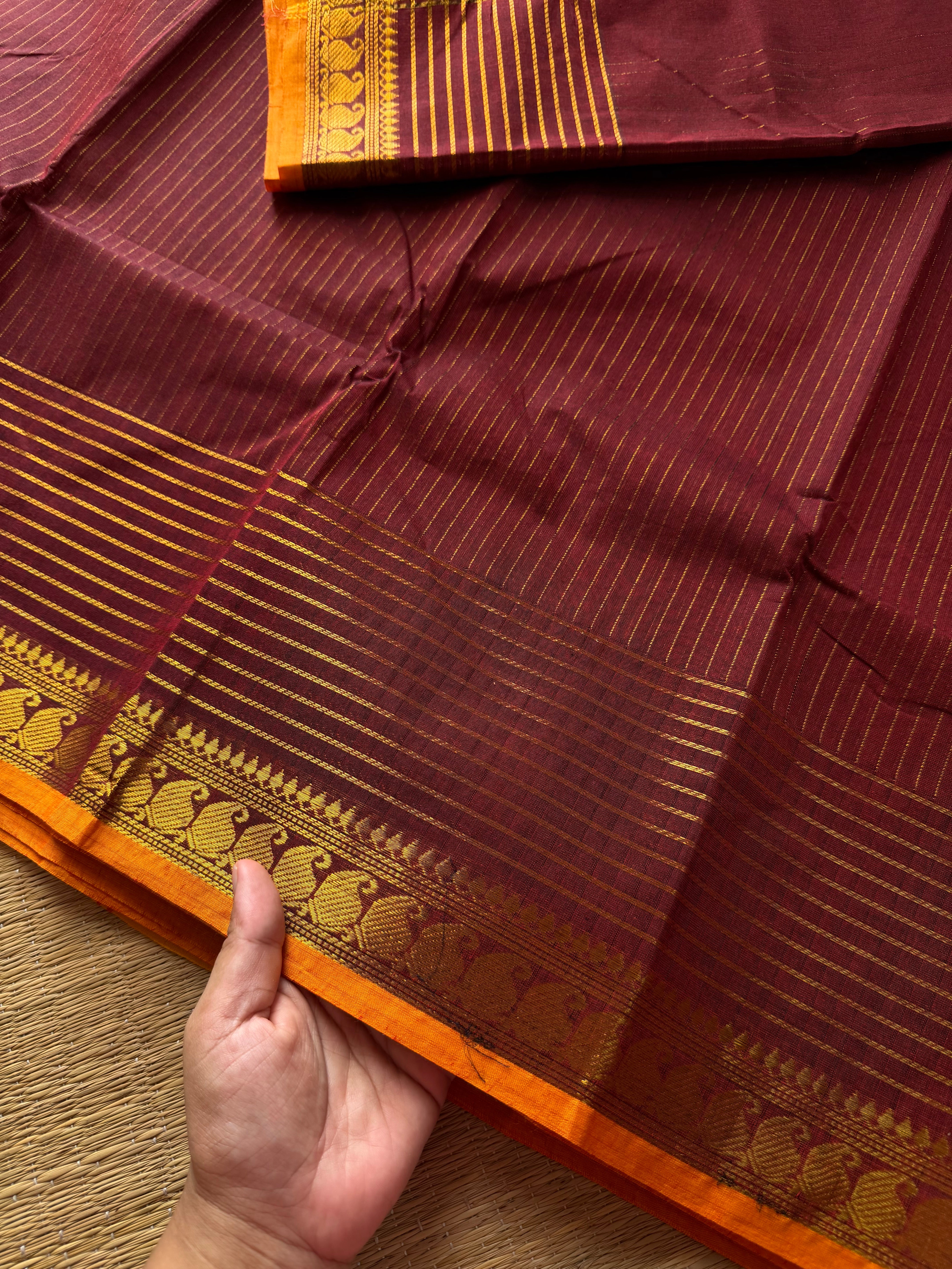 RF492 Maroon shade fully Vaira Oosi pattern Kanchi cotton saree with contrast small orange mango pattern border
