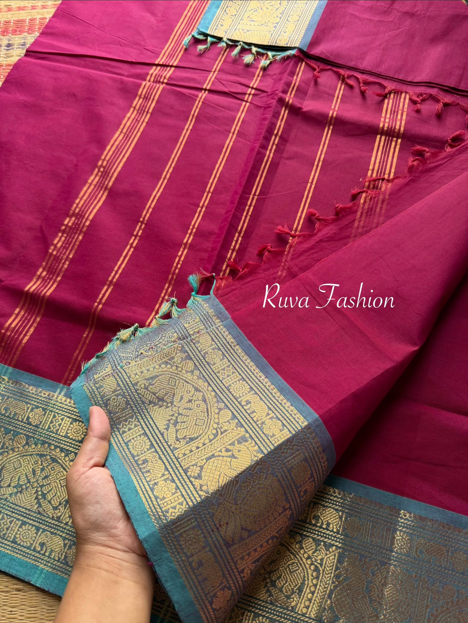 RF110 Magenta Pink Shade with contrast sky blue combination Vintage Silk Saree inspired Kanchi cotton saree